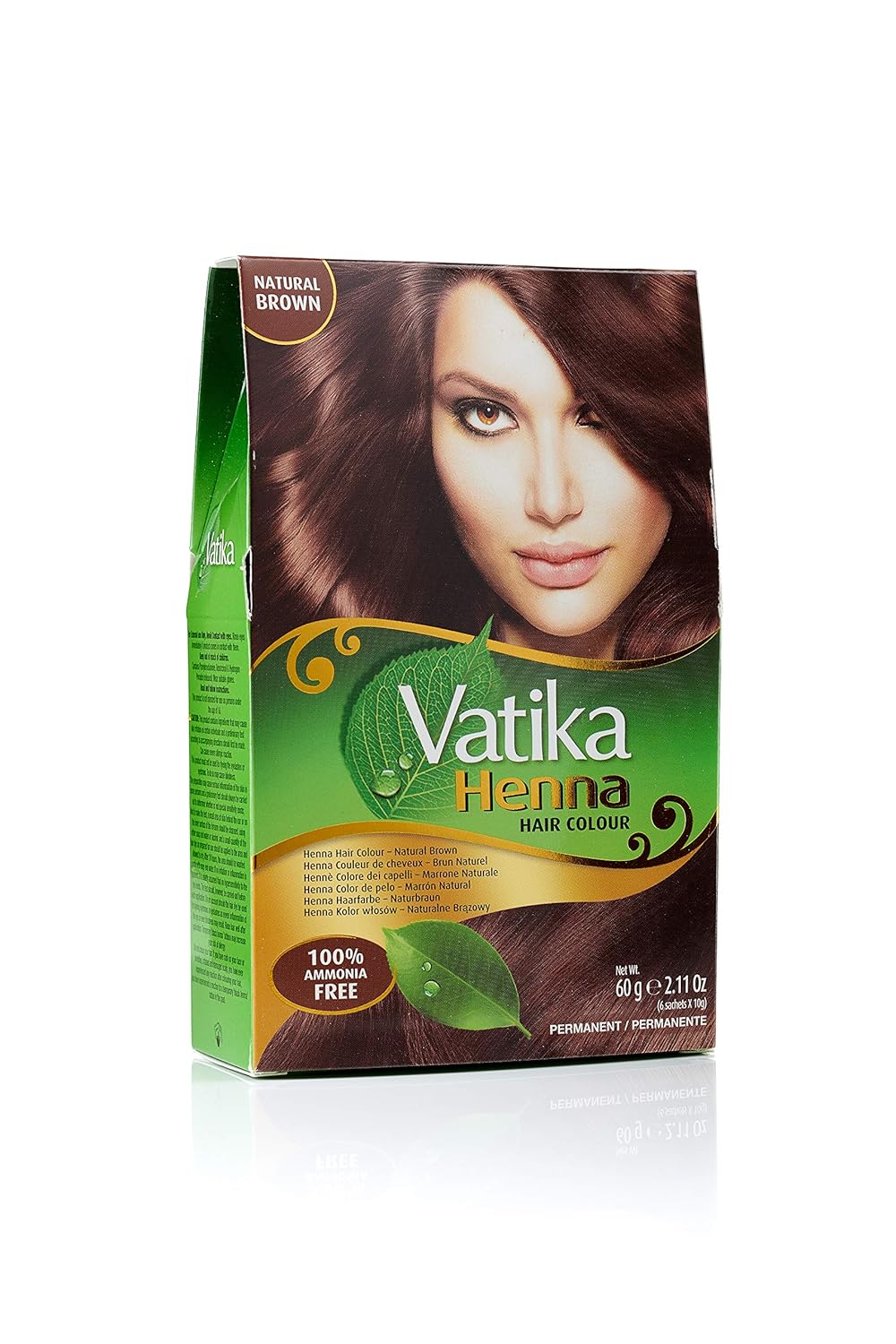 Dabur Vatika Henna Hair Color - Henna Hair Dye and Conditioner, Zero Ammonia for Strong and Shiny Hair, 100% Grey Coverage, 6 Sachets X 10g (Natural Brown)