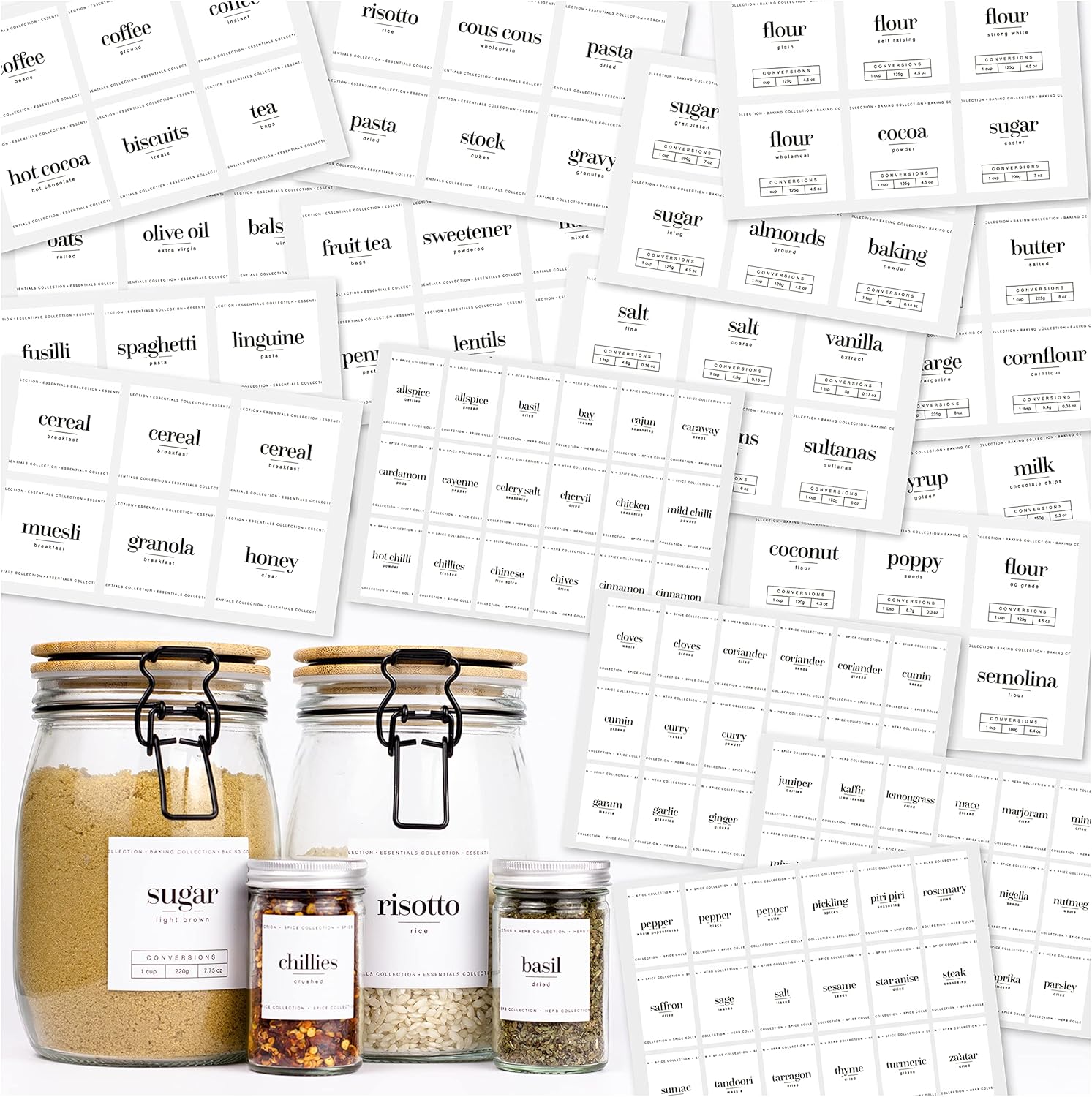 288 x Kitchen Labels for Jars - Contemporary Mixed Size Printed White Sticky Labels for Kitchen and Pantry Storage