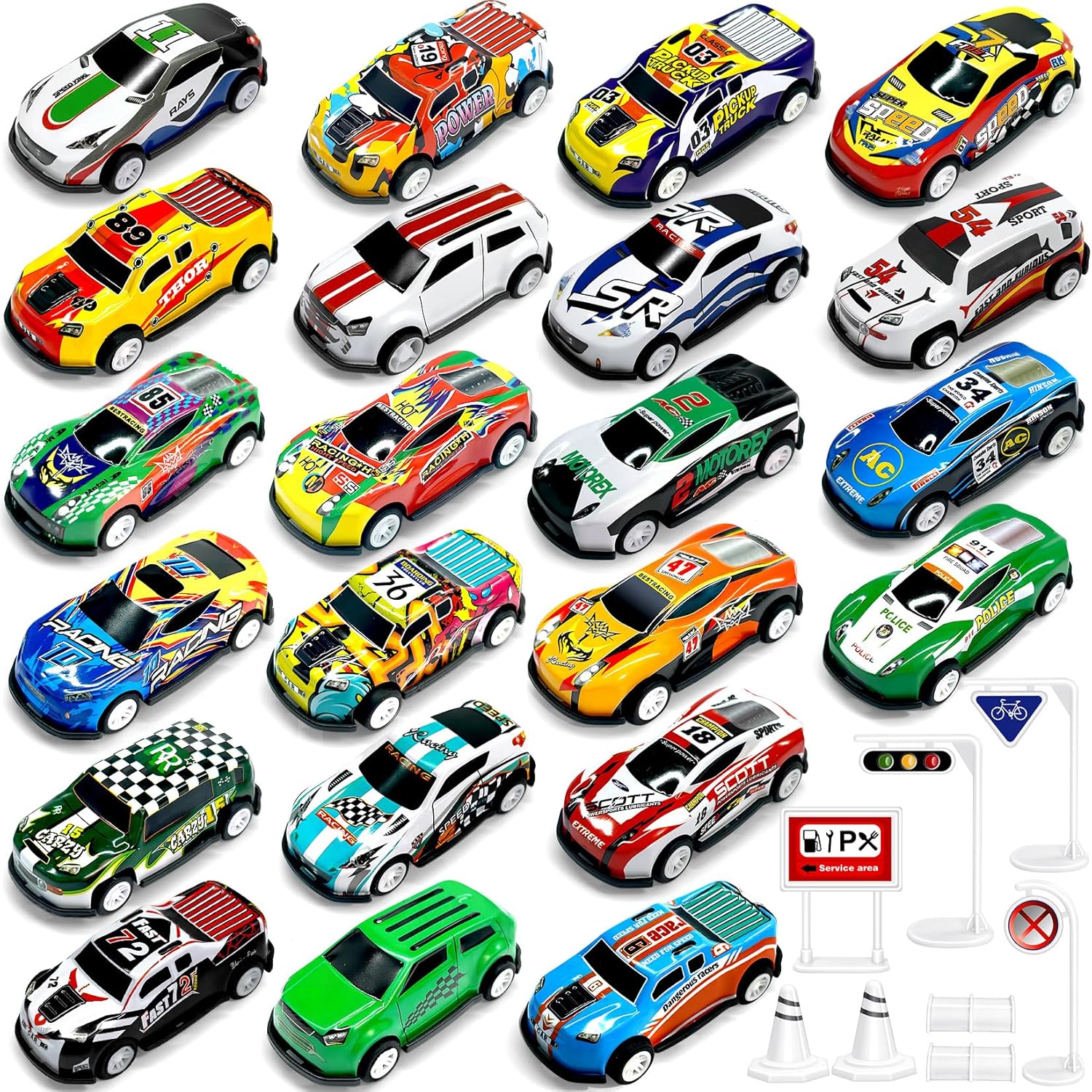 TOYABI 22Pcs Toy Cars with 8 Roadblock, Metal Shell Race Car Set for Kids, Mini Pull Back Playset, Micro Machines Vehicles Toys, Christmas Birthday Party Gifts for 3 4 5 6 7 8 Year Old Boys & Girls
