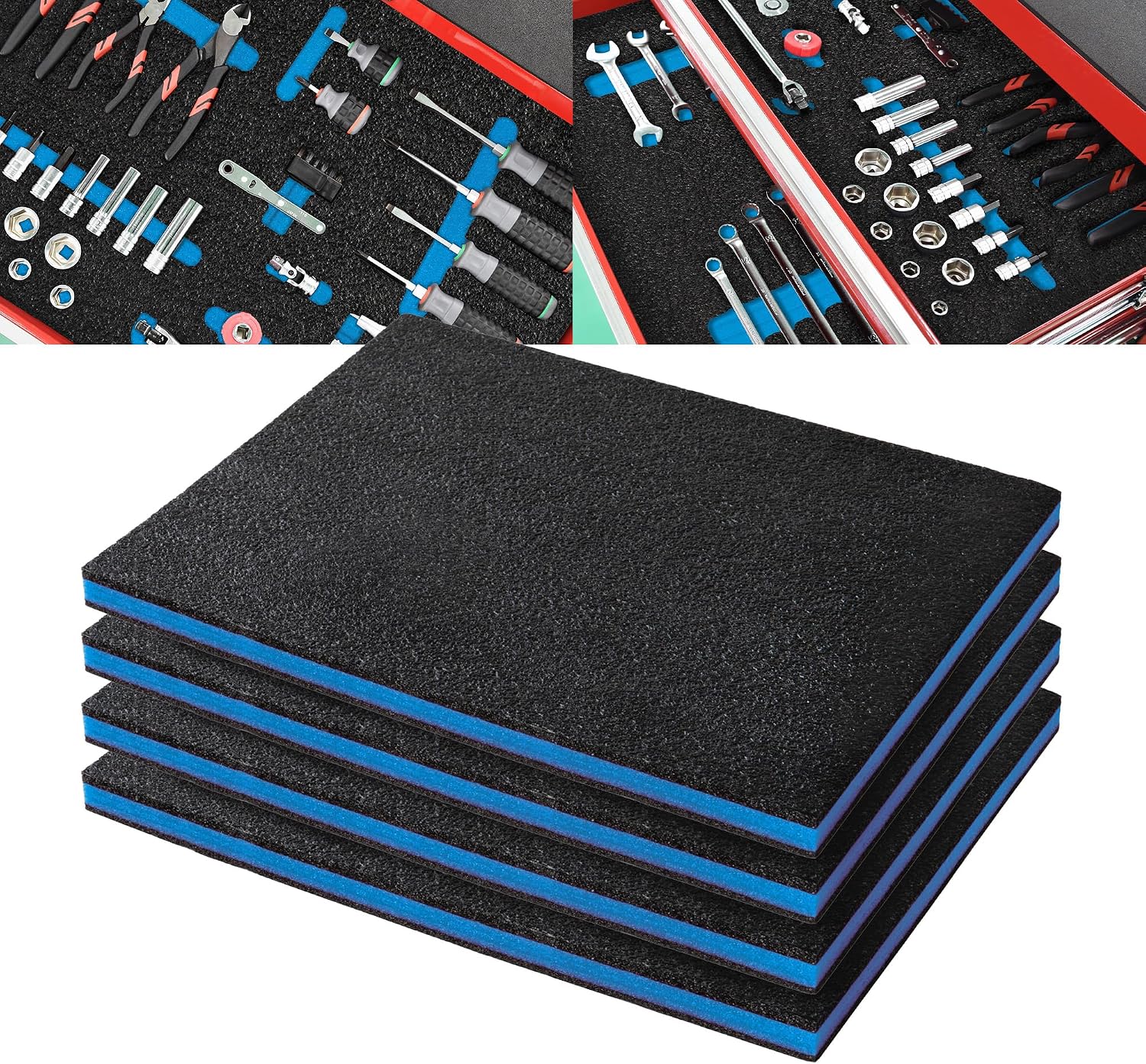 Precision Defined Tool Box Foam Insert, 40.6x30.4x2.54cm (4-Pk) | Polyethylene Cushion Insert for Cases, Black/Blue
