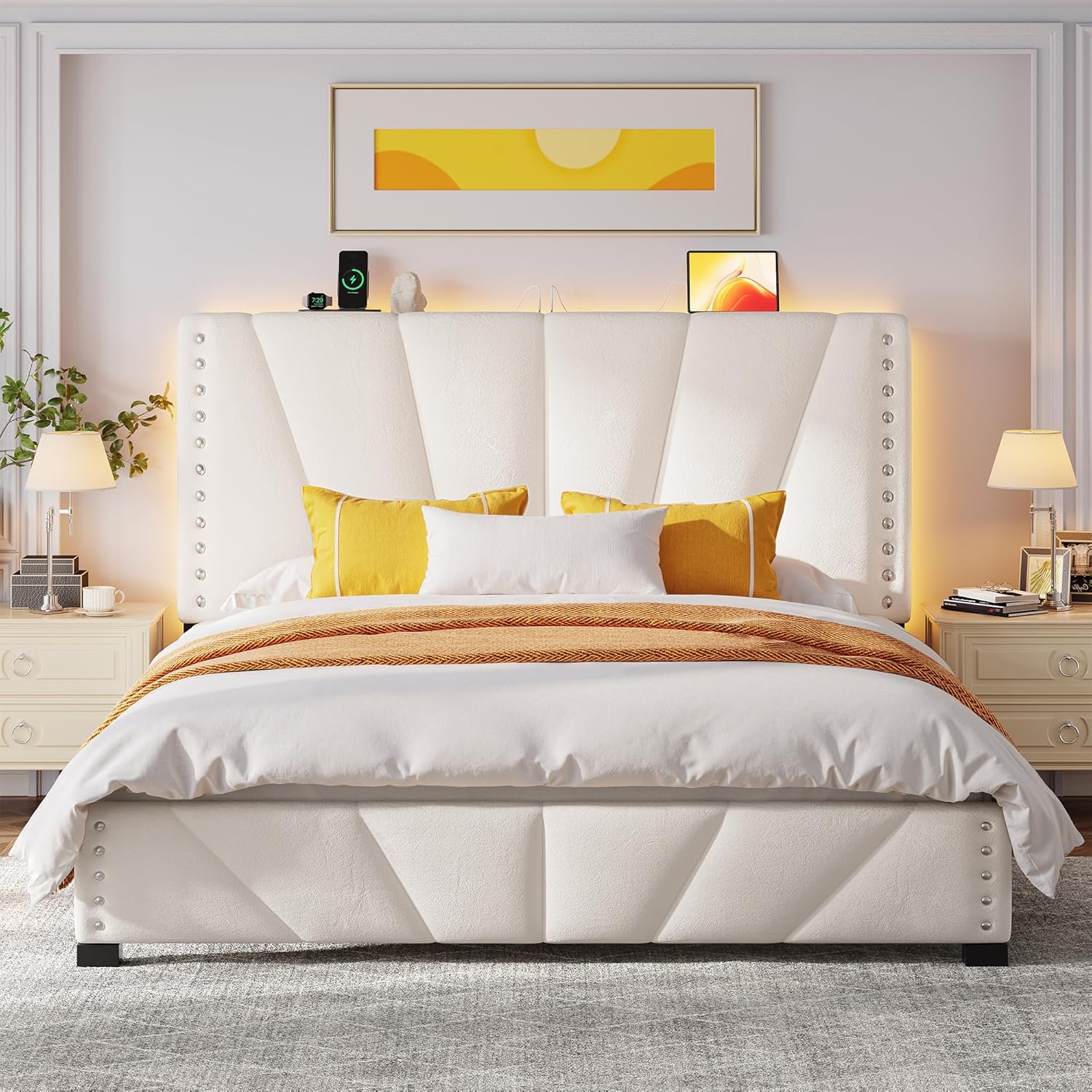 EnHomee Queen Bed Frame, Velvet Bed Frame with Headboard and Led Light, Platform Bed Frame for Bedroom Apartment, Dorm, Noise-Free, Easy Assembly, Beige