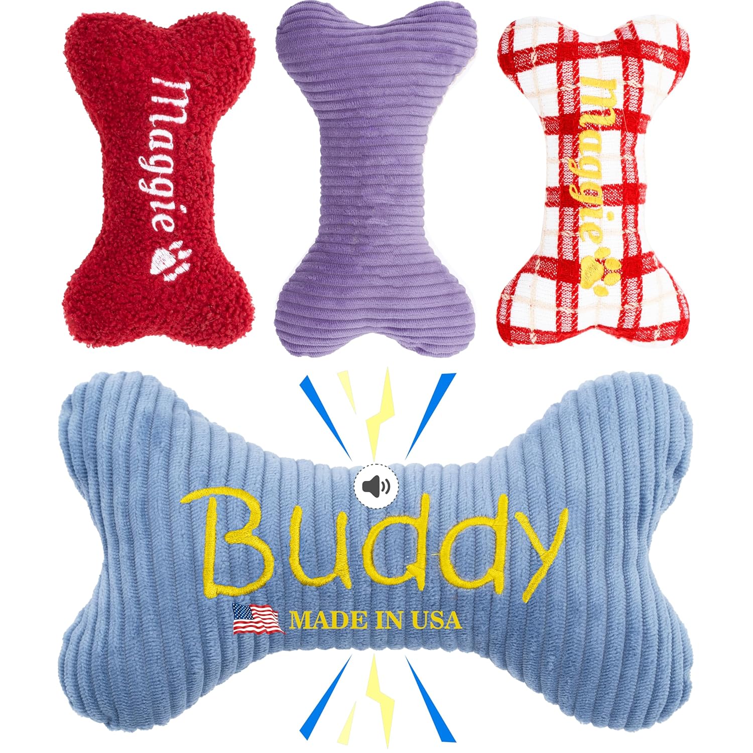 2025 Personalized Squeaky Dog Toys, Made in USA Embroidered Bone Shape 8"x5" Pet Pillow with Name, Dog Chew Puzzle Toy Custom Fabrics Birthday Gifts for Small Medium Dogs