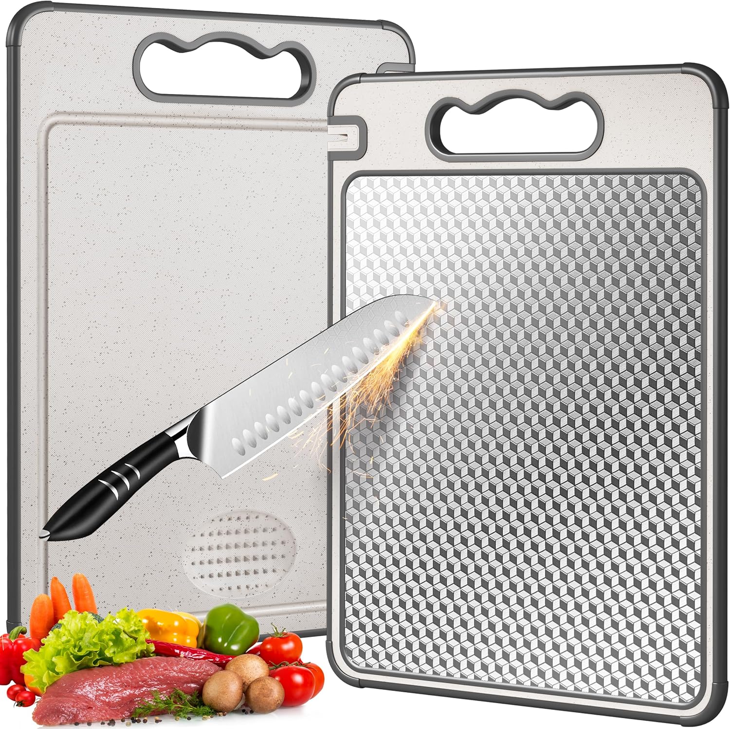 Double Sided 304 Stainless Steel & Wheat Straw Cutting Board, 14.4"*9.8" Non Toxic Chopping Board, Separately Handle Meat and Vegetables, Dishwasher Safe, Scratch Resistant Mesh Design