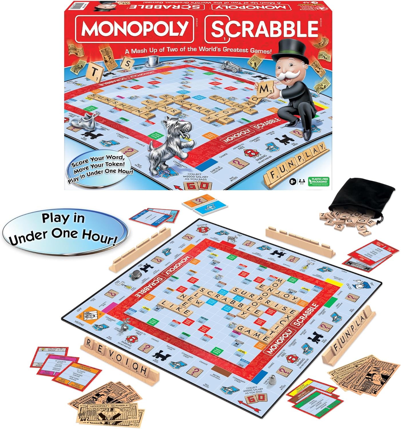 Monopoly Scrabble Game, Play in UNDER ONE HOUR, Score Your Scrabble Word - Move Your Token, By Winning Moves Games USA, Mash-Up of 2 of the World's Greatest Games, 2 to 4 Players Ages 8+ (1250)