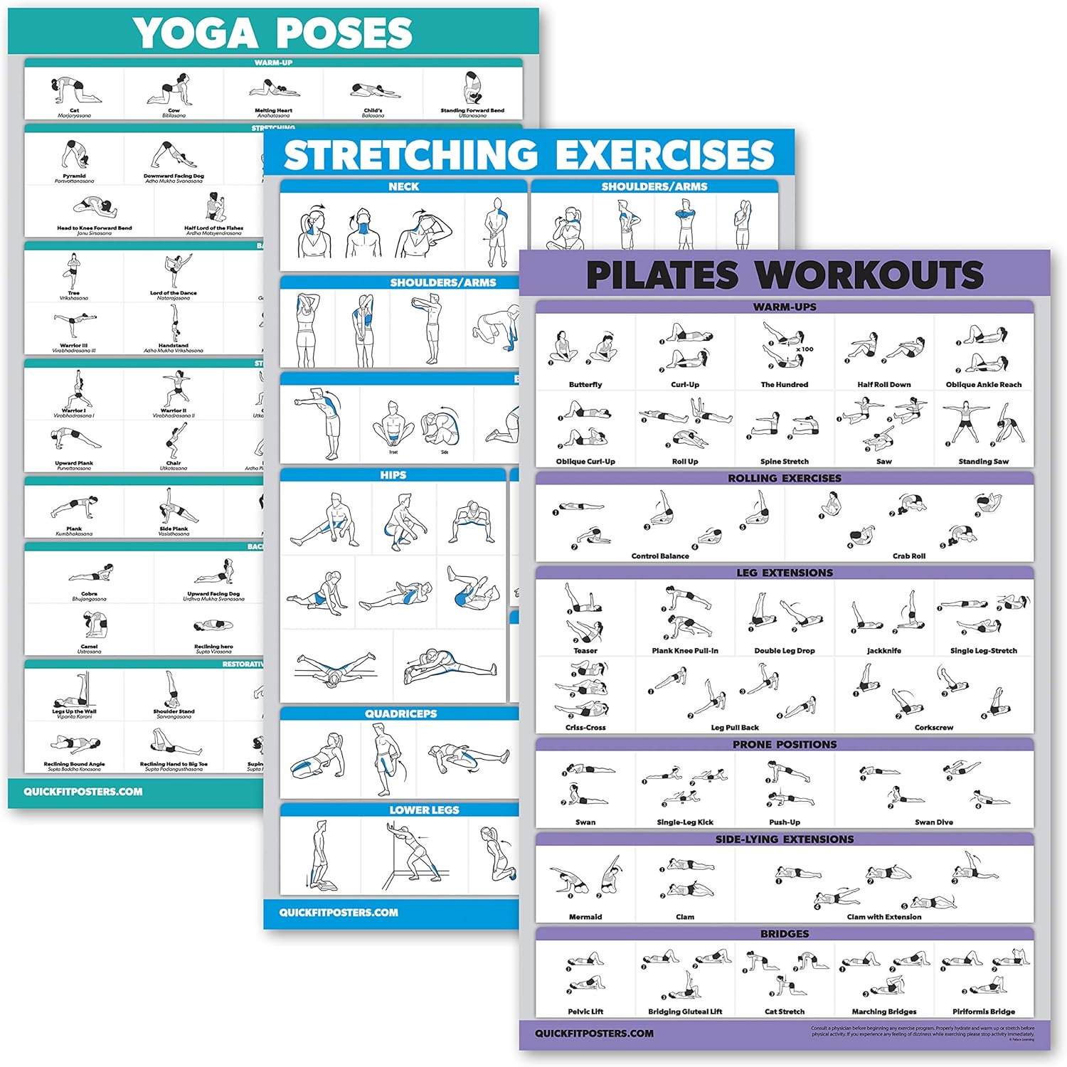 QUICKFIT 3 Pack - Yoga Poses + Stretching Exercises + Pilates Mat Work Poster Set - Set of 3 Workout Charts (Laminated, 18" x 27")