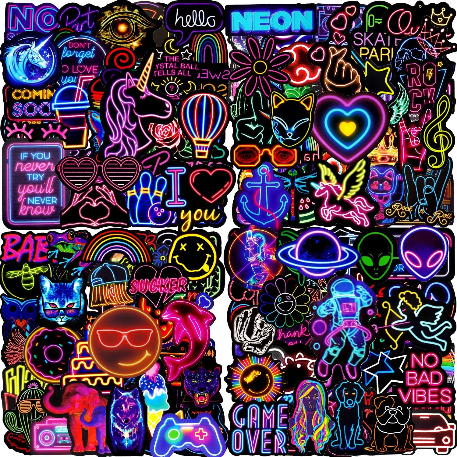 Water Bottle Stickers 200 Pcs Cool Neon Sticker Packs, Prizes for Kids Classroom Reward, Waterproof Vinyl Stickers for Water Bottles Laptop Skateboard Journal Scrapbooking Notesbook Guitar Luggage etc