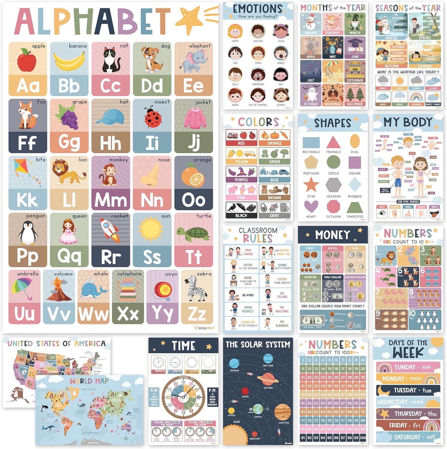 KINGPRINT 16 Laminated Educational Posters For Toddlers (11"x17"), Boho Posters For Homeschool, Prek Learning, Kindergarten Classroom Decor