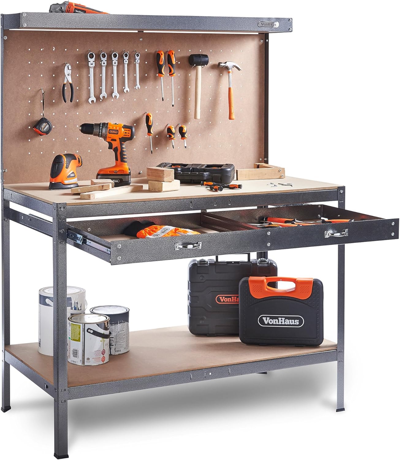 VonHaus Garage Work Bench with Pegboard - Metal and Wooden Workbenches - Suitable for Most Garage Equipment - Workbench Containing - Storage Drawer, Shelf and 20 Hooks - 230kg Capacity