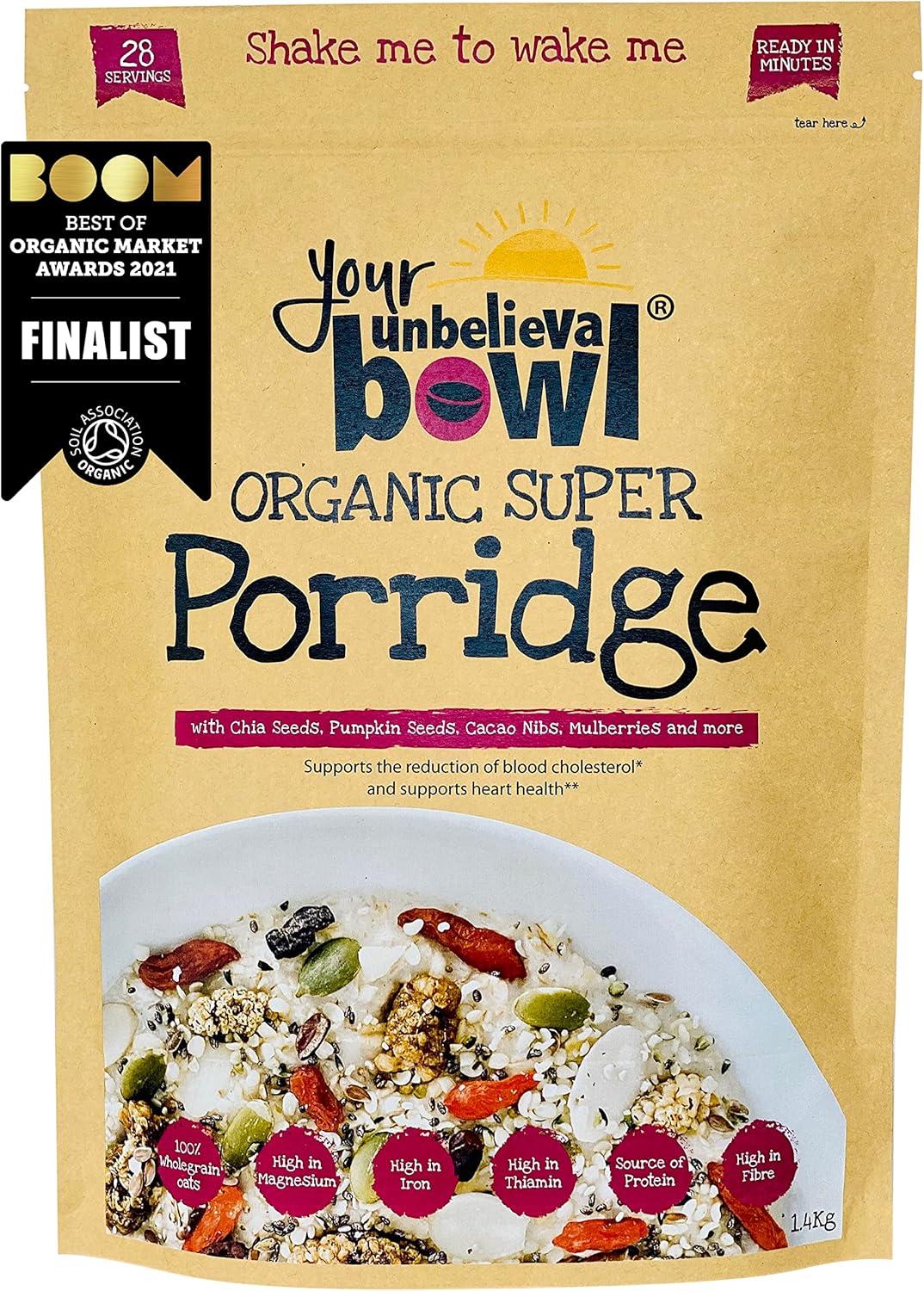 Your UnbelievaBowl - Organic Super Porridge / Overnight Oats, 1.4kg, 25% Superfoods, 28 Servings, 71p Per Serving, Gluten Free Oats, Chia, Hemp & Pumpkin Seed, Cacao, Mulberry, Goji, Flaxseed, Almond