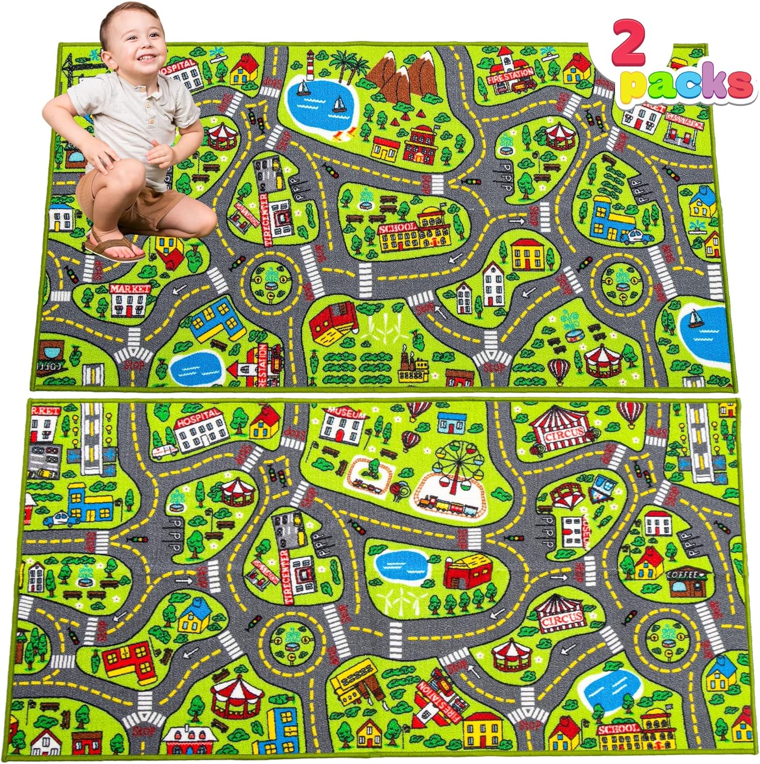 JOYIN 2 Pack Kids City Town Rug(150x80cm),Car Play Carpet,Road Rug for Toddlers,Pretend Play Gift for Kids,Educational Floor Mat for Bedroom & Playroom,Toy for Boys and Girls