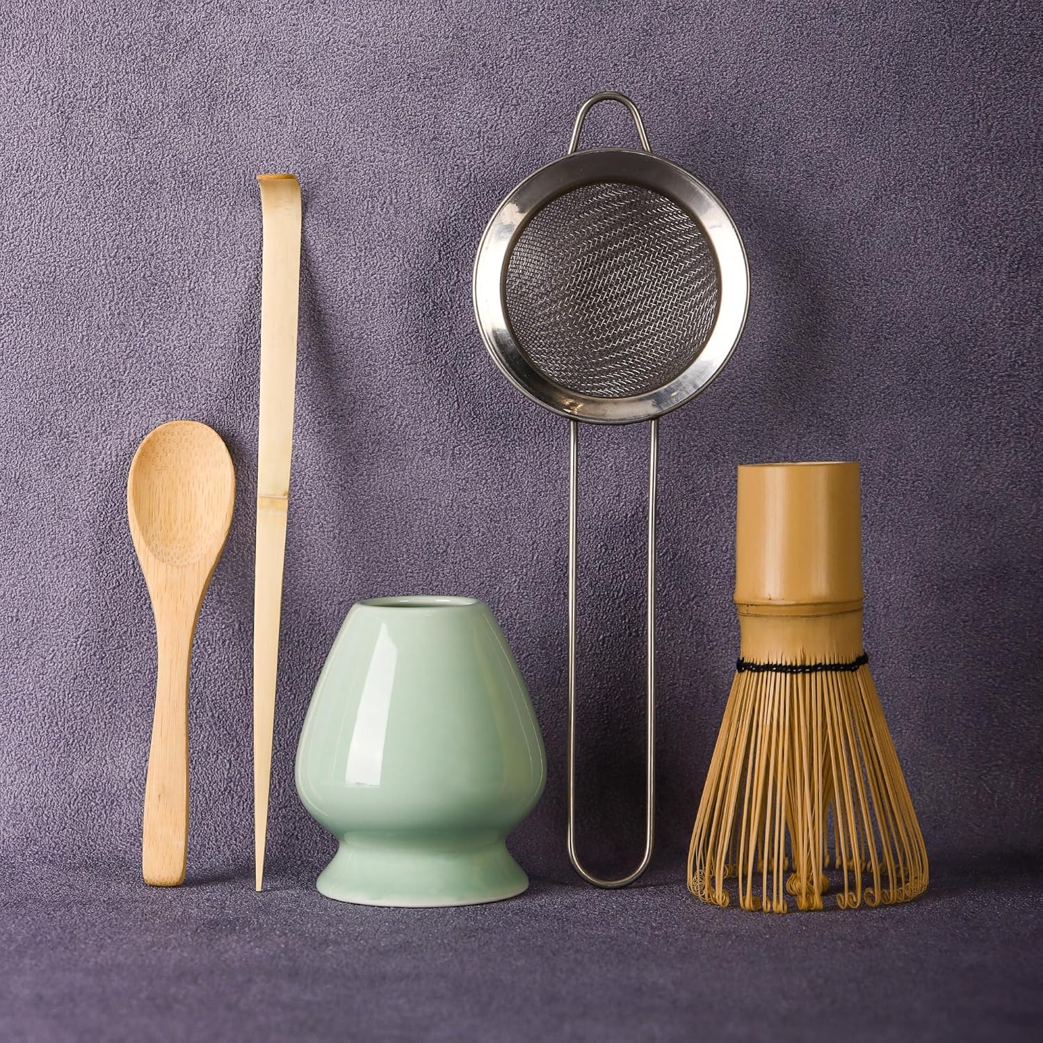 Matcha Whisk Set,Bamboo Matcha Whisk (Chasen),Traditional Scoop(Chashaku),Stainless Steel Sifter,Tea Spoon,Ceramic Holder,Japanese Tea Tools For Ceremony