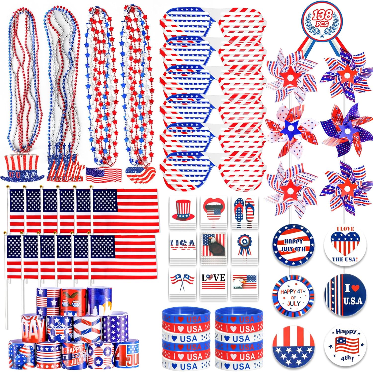4th of July Accessories, 138Pcs Patriotic Party Favors Supplies Set Fourth of July Decorations Independence Day Celebrations Memorial Day Decor Classroom Prizes for kids