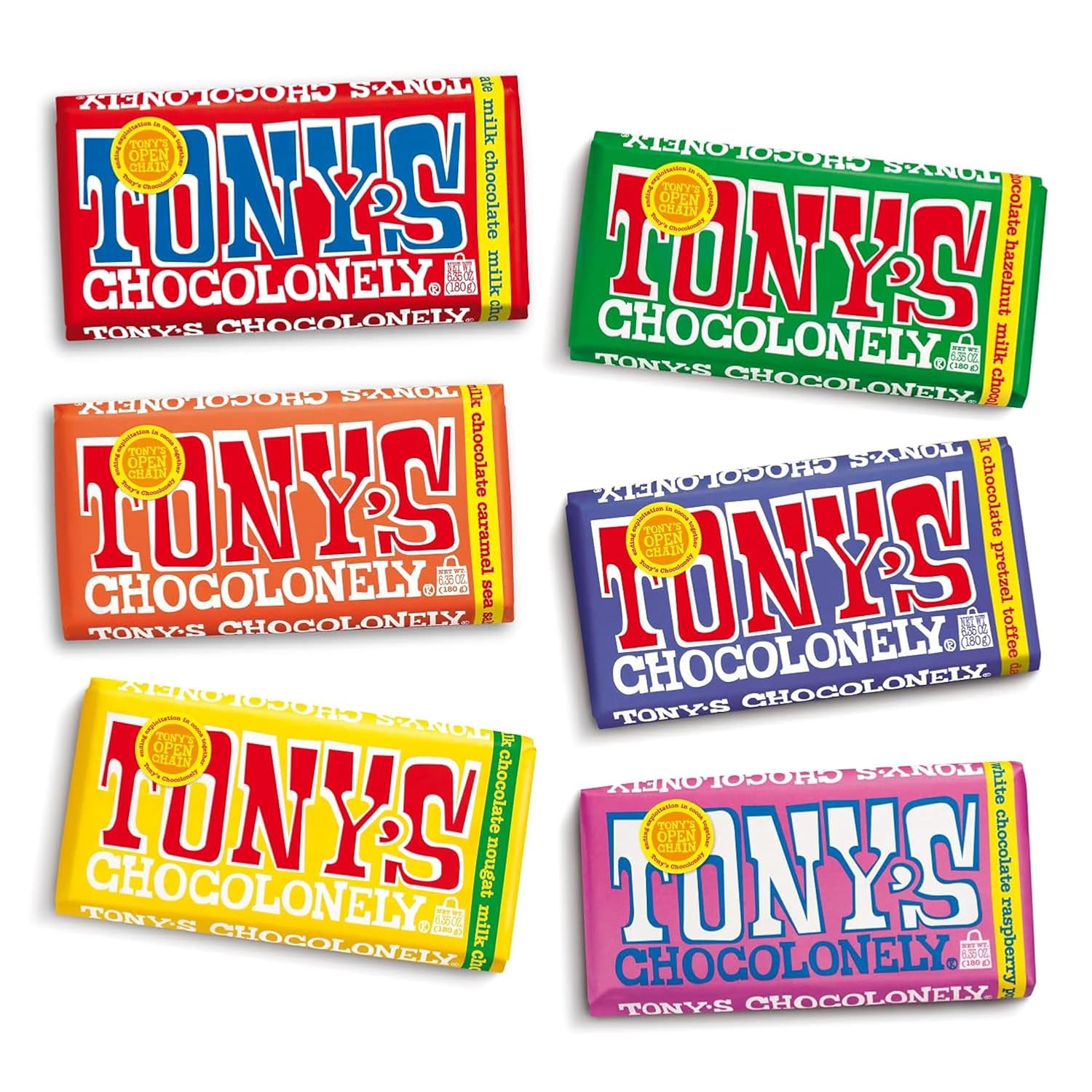 Tony’s Chocolonely Super Duper Milk Chocolate Candy Bar Bundle, Milk & White Chocolate With Sea Salt, Caramel, Pretzel Toffee, Almond, Hazelnut, Made From Quality Fairtrade Cocoa, 6 Bars, 6.35 Oz Each