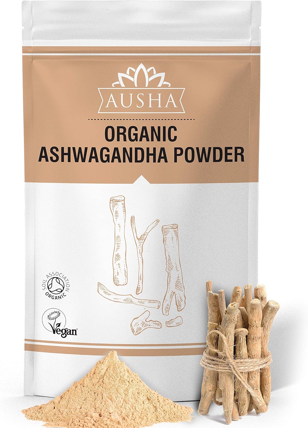 Ausha Organic Ashwagandha Powder 100g High Strength - UK Certified Organic by Soil Association - Stress & Anxiety Relief, Energy, Sleep Aid - Whole Ashwagandha Root Used