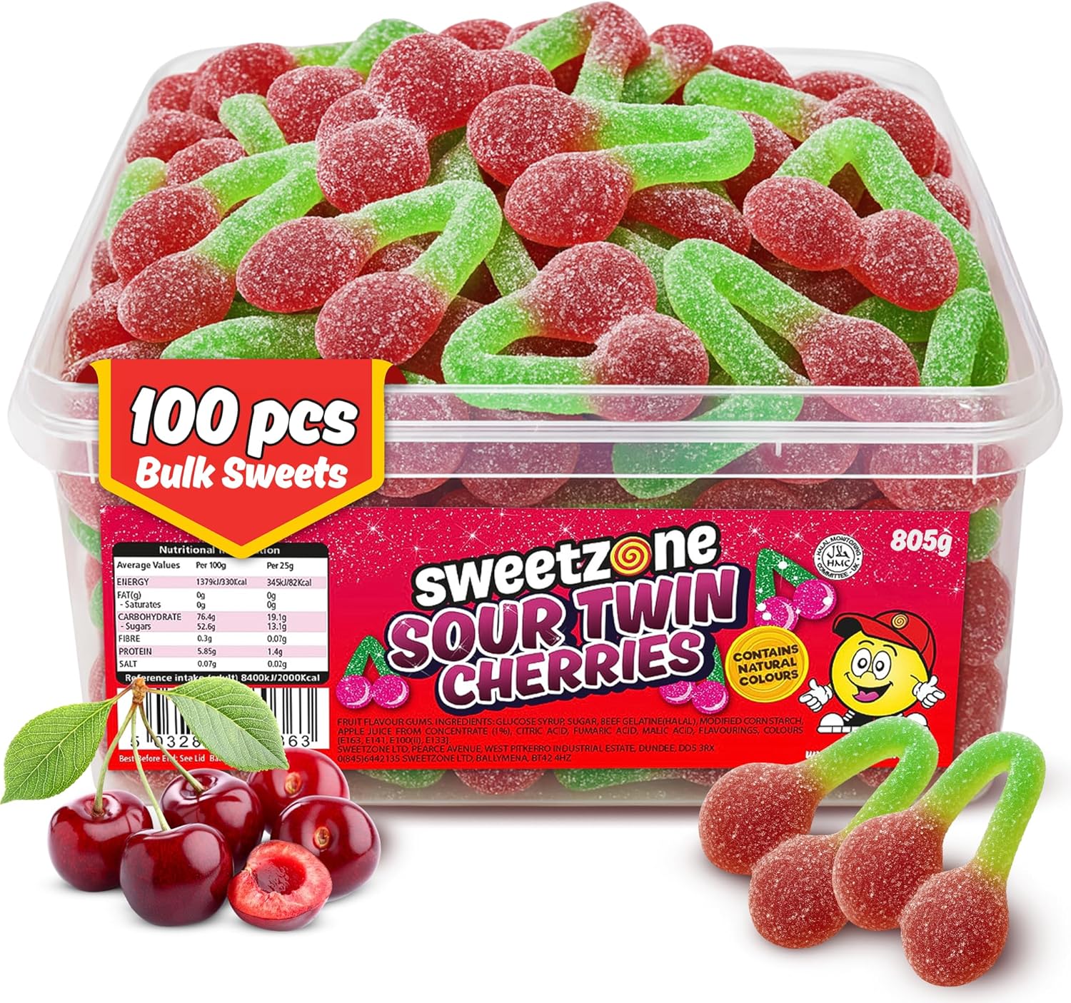 Sweetzone Sour Twin Cherries Sweet Tub, 100 Pcs, 800g, Halal Sweets, Sour Sweets, Gummy Candy, Jelly Candy, and Gummy Candy in Fun Tubs of Sweet, Fruit Flavour Gums for Everyone