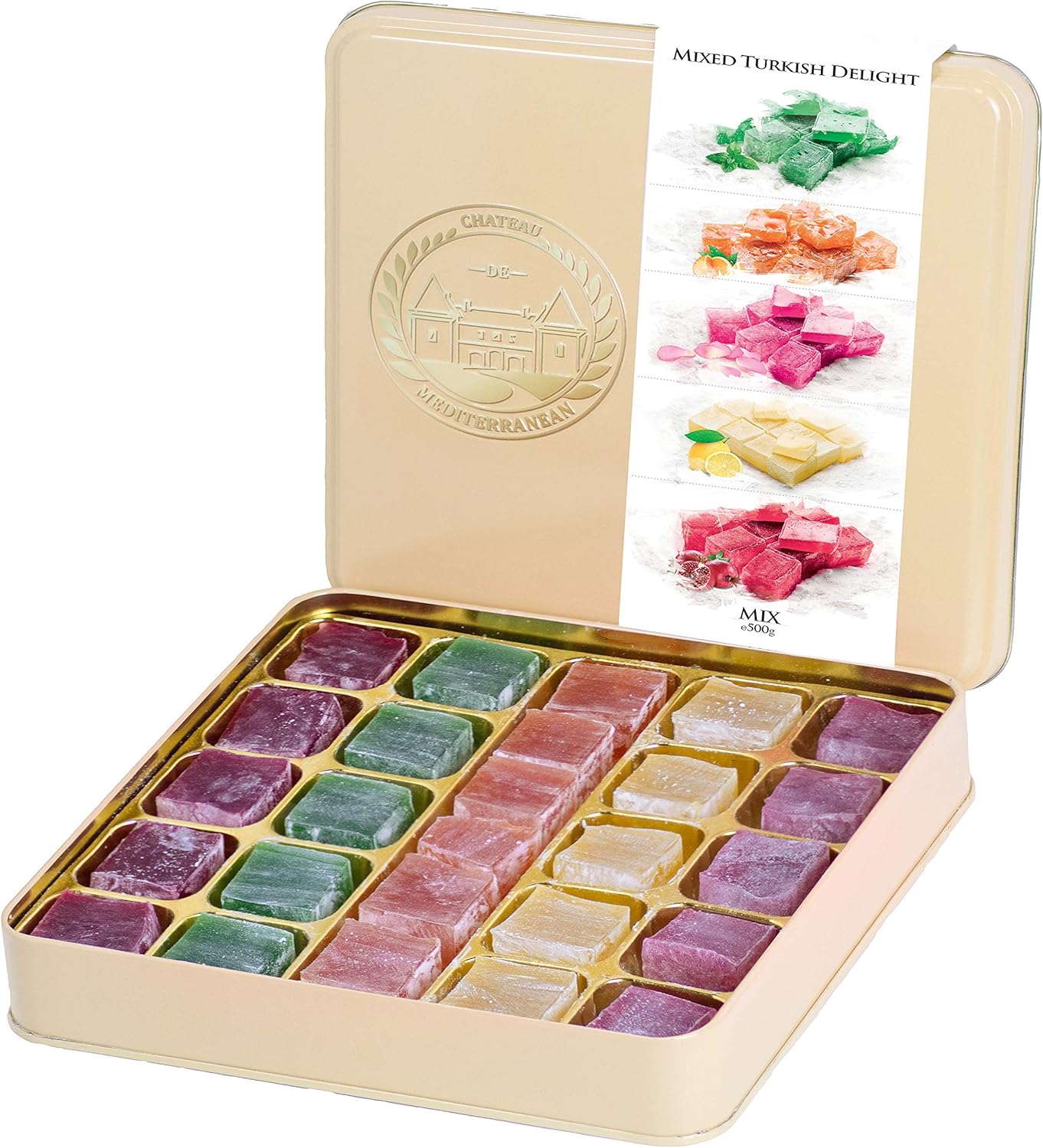 Chateau De Mediterranean Assorted Turkish Delight - 500 g | Rose, Mint, Orange, Lemon & Pomegranate Flavour | Traditional Lokum Dessert | Gourmet Gift Tin | Handmade in Turkey | Approx 26 pieces
