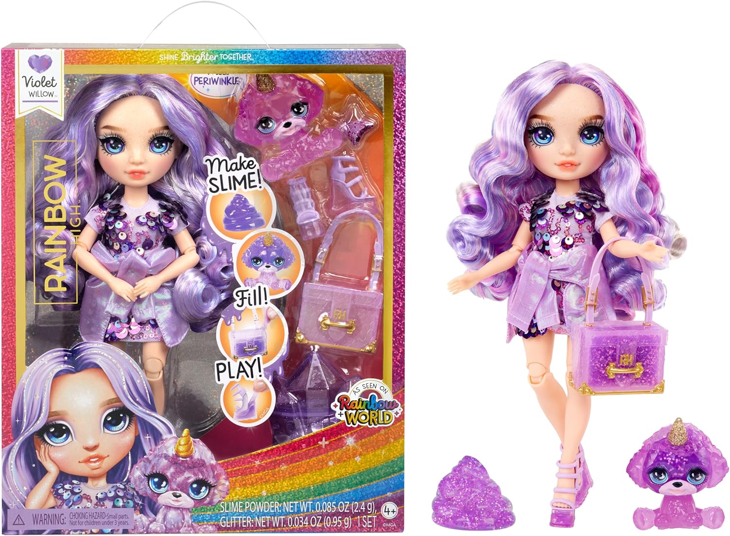 Rainbow High Violet, Purple with Slime Kit & Pet, 11" Shimmer Posable Fashion Doll with DIY Sparkle Slime, Magical Yeti Pet, Fun Play Accessories, Great Toy Gift for Girls Kids Ages 4-12 Years