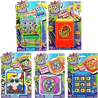 JA-RU Pocket Travel Toy Set (5 Toys) Kids Mini Handheld Games. Pinball Machine, Finger Basketball, Fishing Game, Magnetic Beard, & Small Tic Tac Toe. Party Favors. 3255-3258-3257-3205-3256p