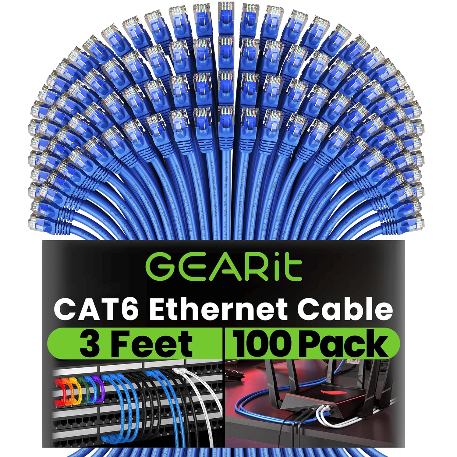 GearIT Cat 6 Ethernet Cable 3 ft (100-Pack) - Cat6 Patch Cable, Cat 6 Patch Cable, Cat6 Cable, Cat 6 Cable, Cat6 Ethernet Cable, Network Cable, Internet Cable - Blue 3 Feet