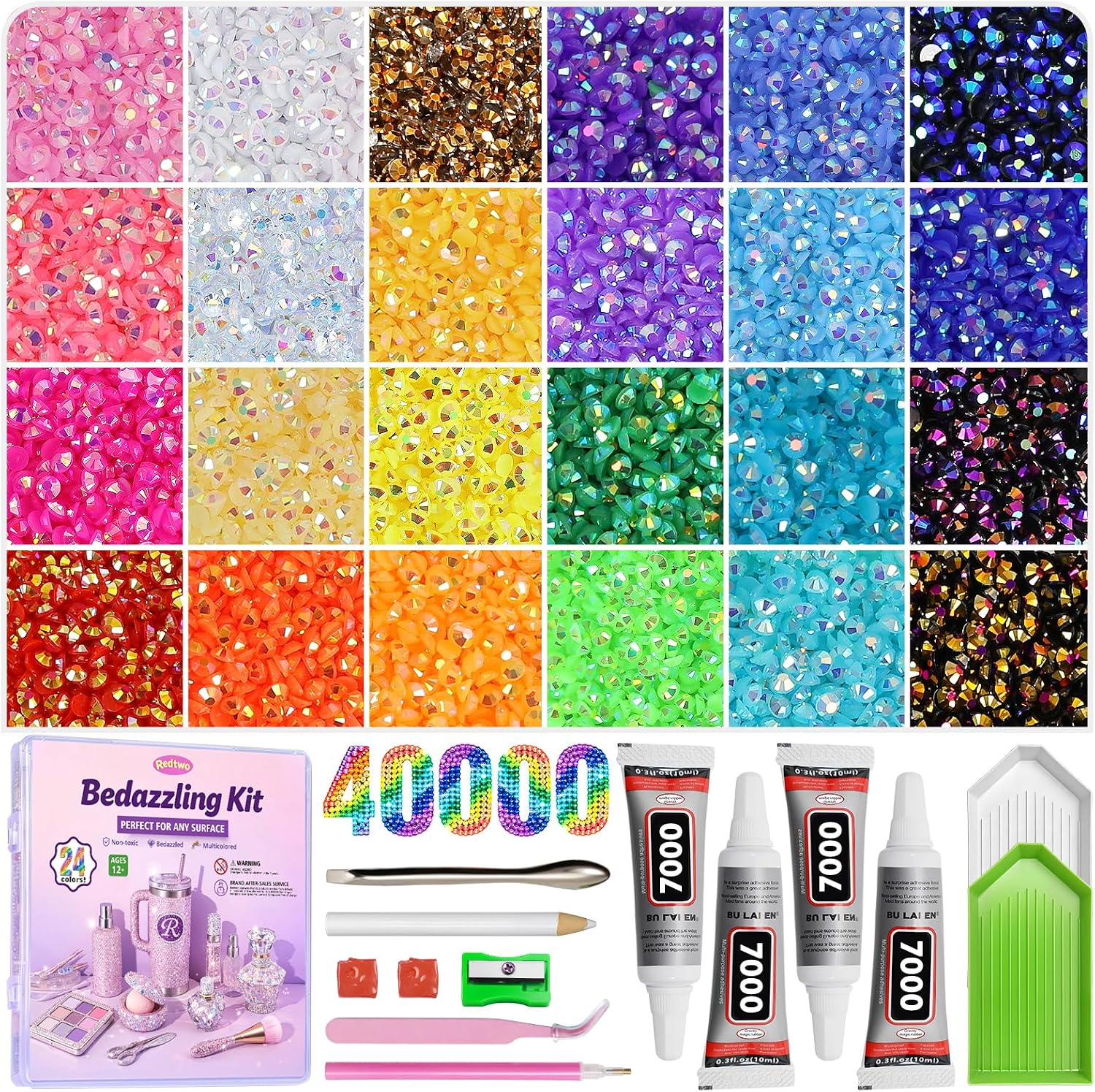 Redtwo 40000Pcs Resin Jelly Rhinestones for Bedazzling, 3mm Multicolor Flatback Rhinestones, Bedazzling Kit with 4Pcs Jewelry Glue and Tools, Bedazzler Kit for Crafting Book Clothes Makeup Shoes