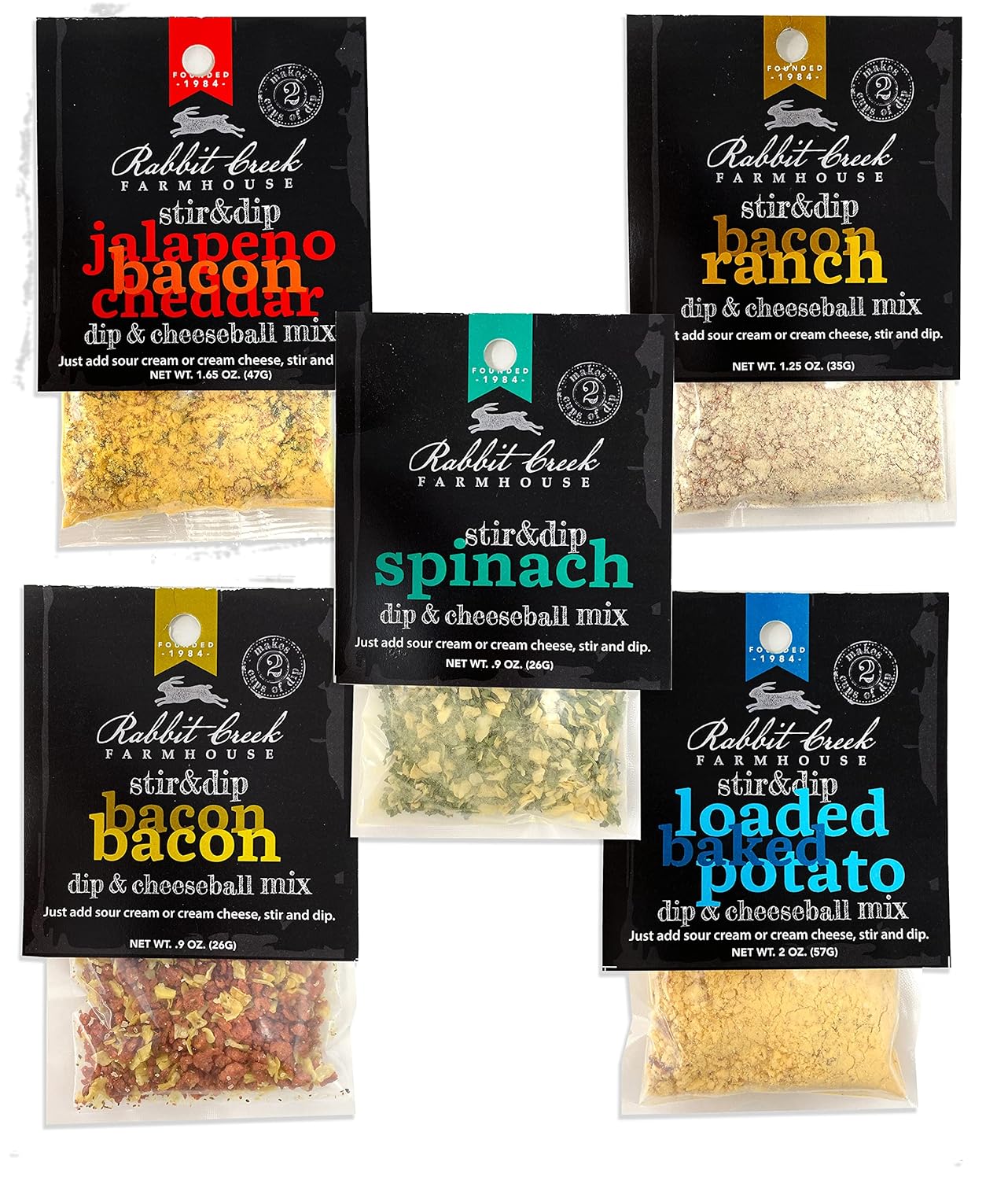 Rabbit Creek 5 Pack Dip Variety – Just Add Sour Cream – Seasoning Packets Includes Loaded Baked Potato, Bacon, Jalapeno Bacon Cheddar, Bacon Ranch, and Spinach Dip