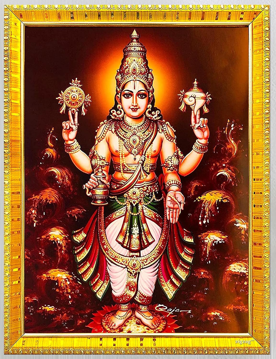 zig zag Rectangular Lord Dhanvantari Photo Frame For Wall / Table / Pooja Room ( 7x9 inches, Acrylic Glass) Golden