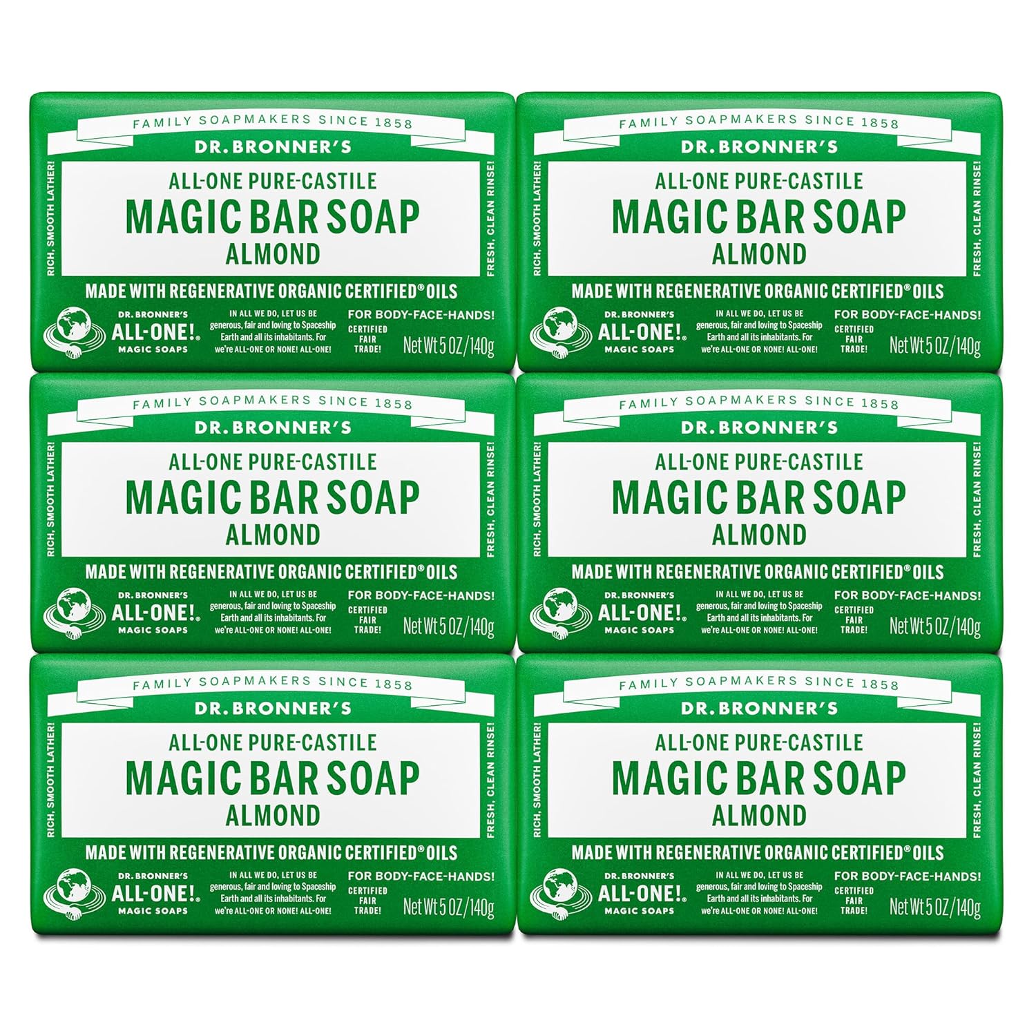 Dr. Bronner's - Pure-Castile Magic Bar Soap (Almond, 5 oz, 6-Pack) - Made with Regenerative Organic Certified Oils- For Face, Body & Hair, Gentle, Vegan Bath Soaps for Men & Women, Non-GMO