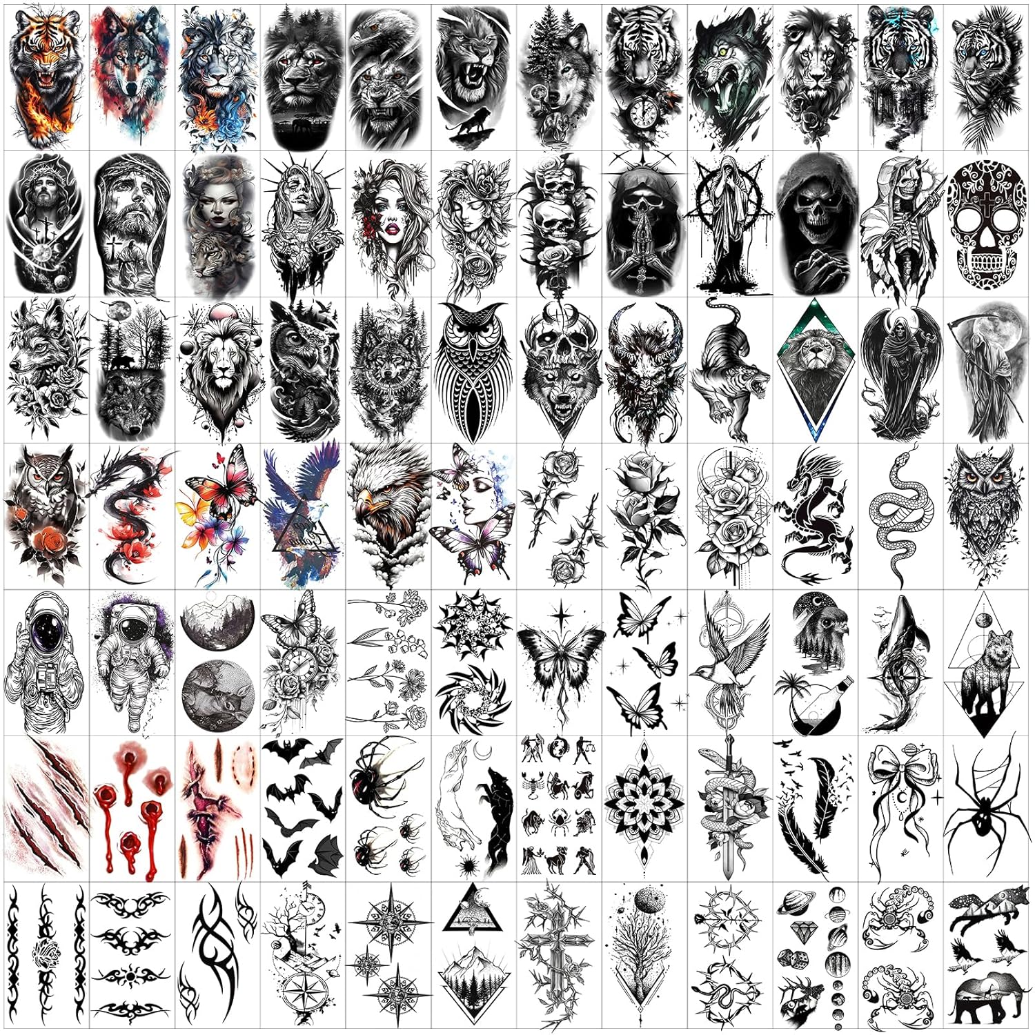 102 Sheets Halloween Tiny Temporary Tattoos Stickers, Fake Tattoos That Look Real And Last Long, Halloween Tattoos Include Black Scary Wolf Lion Tiger Skeleton Skull