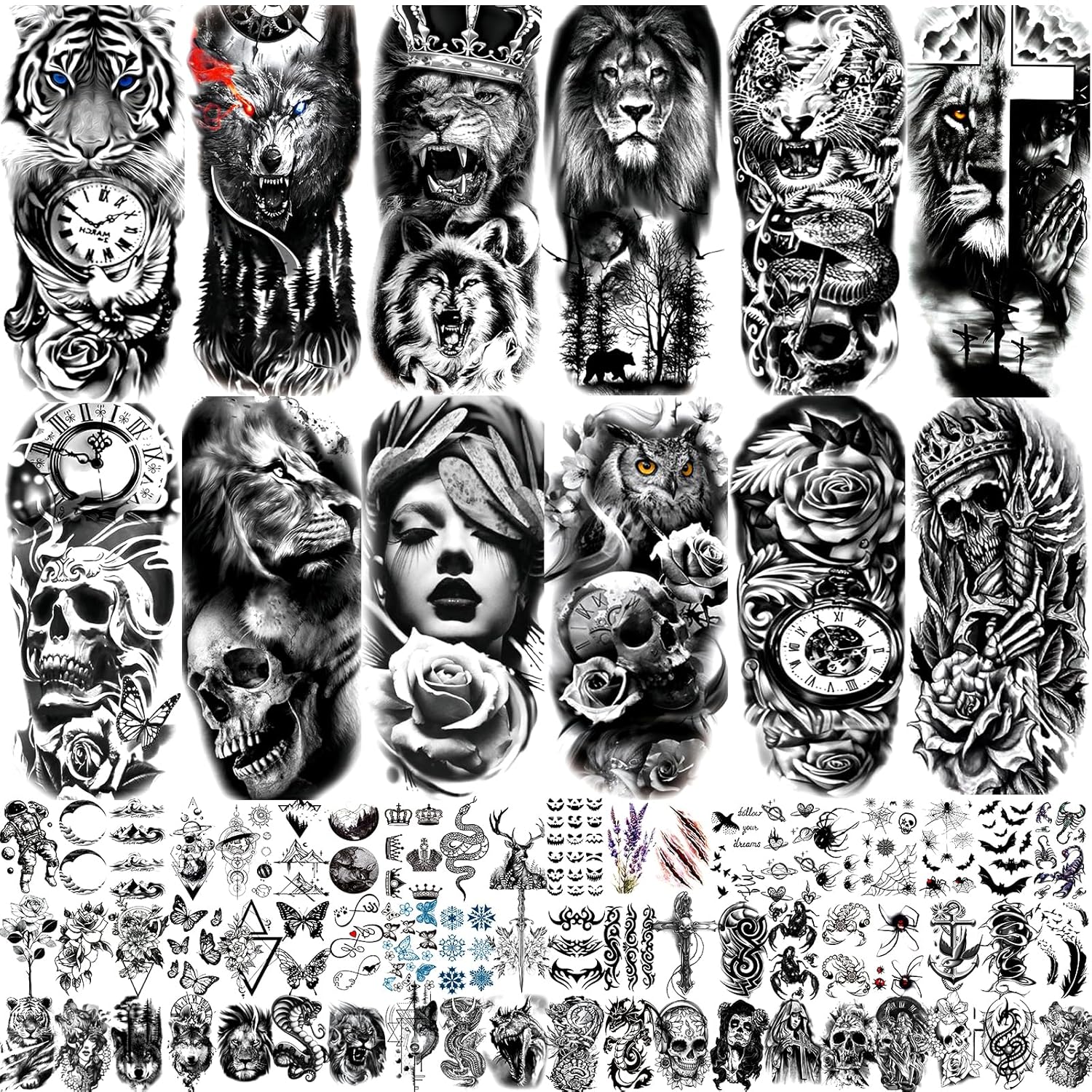 72 Sheets Temporary Tattoo for Men Women Adults, Include 12 Sheets Black 3D Half Sleeve Temporary Tattoos, Halloween Tattoos Scary Lion Wolf Tiger Skull Skeleton Tattoos Stickers