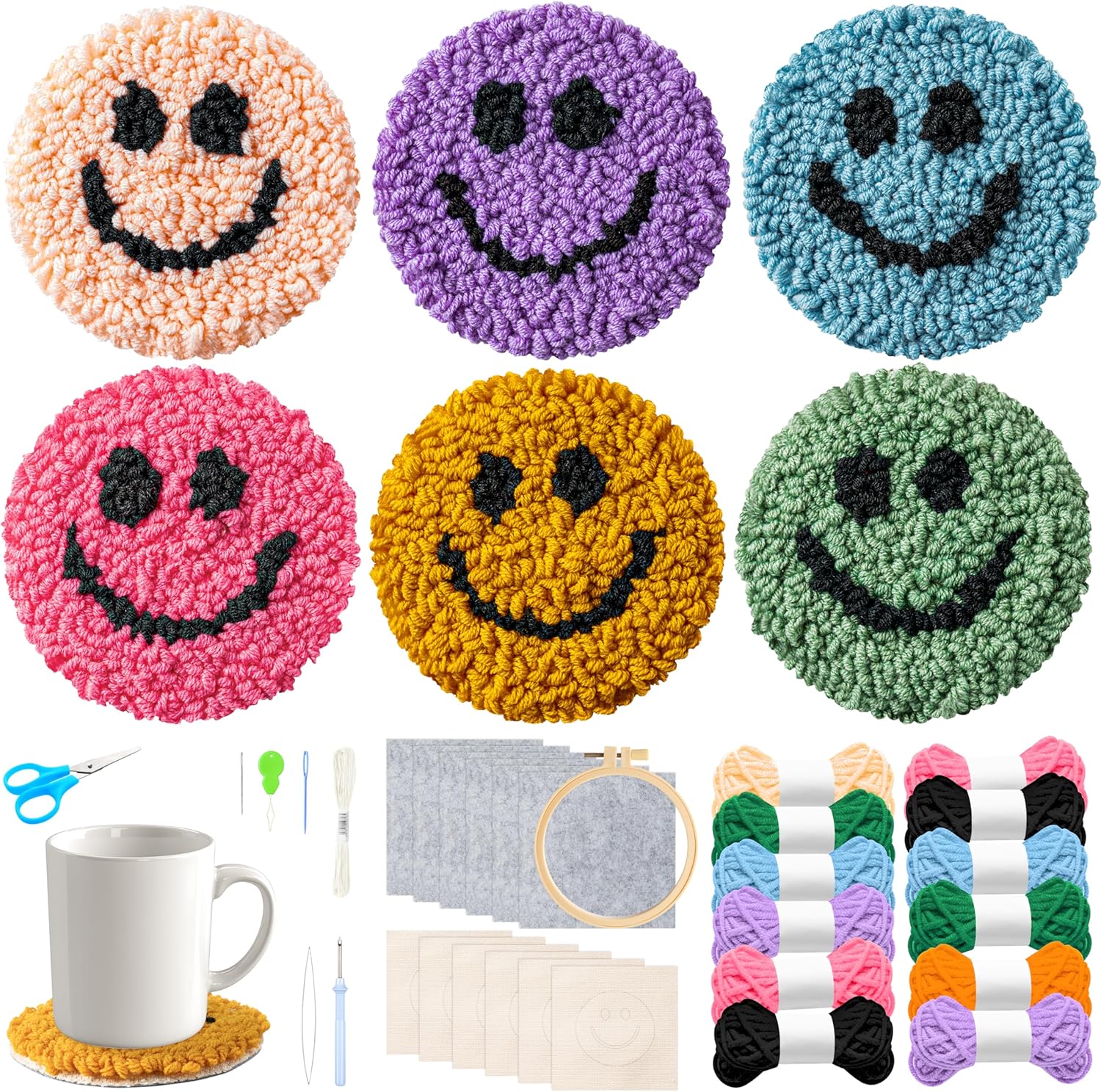 FoszaSzept Smile Punch Needle Coaster Kit, 22Pcs Embroidery Needle Coasters Crafts for Beginners, Easy DIY Mug Tufted Making Set with 6 Patterns Hoop Self Adhesive Felt Cloth Threading Device Gifts