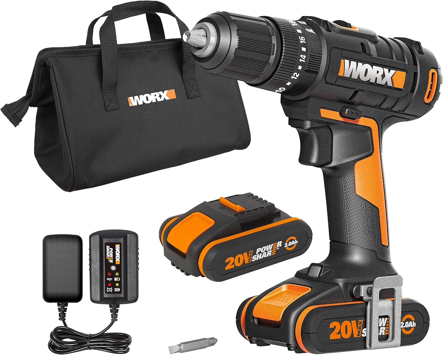 WORX WX370.1 20V PowerShare Cordless Combi Hammer Drill | 20V combi hammer drill; with 2 Batteries, Charger and Carry Bag