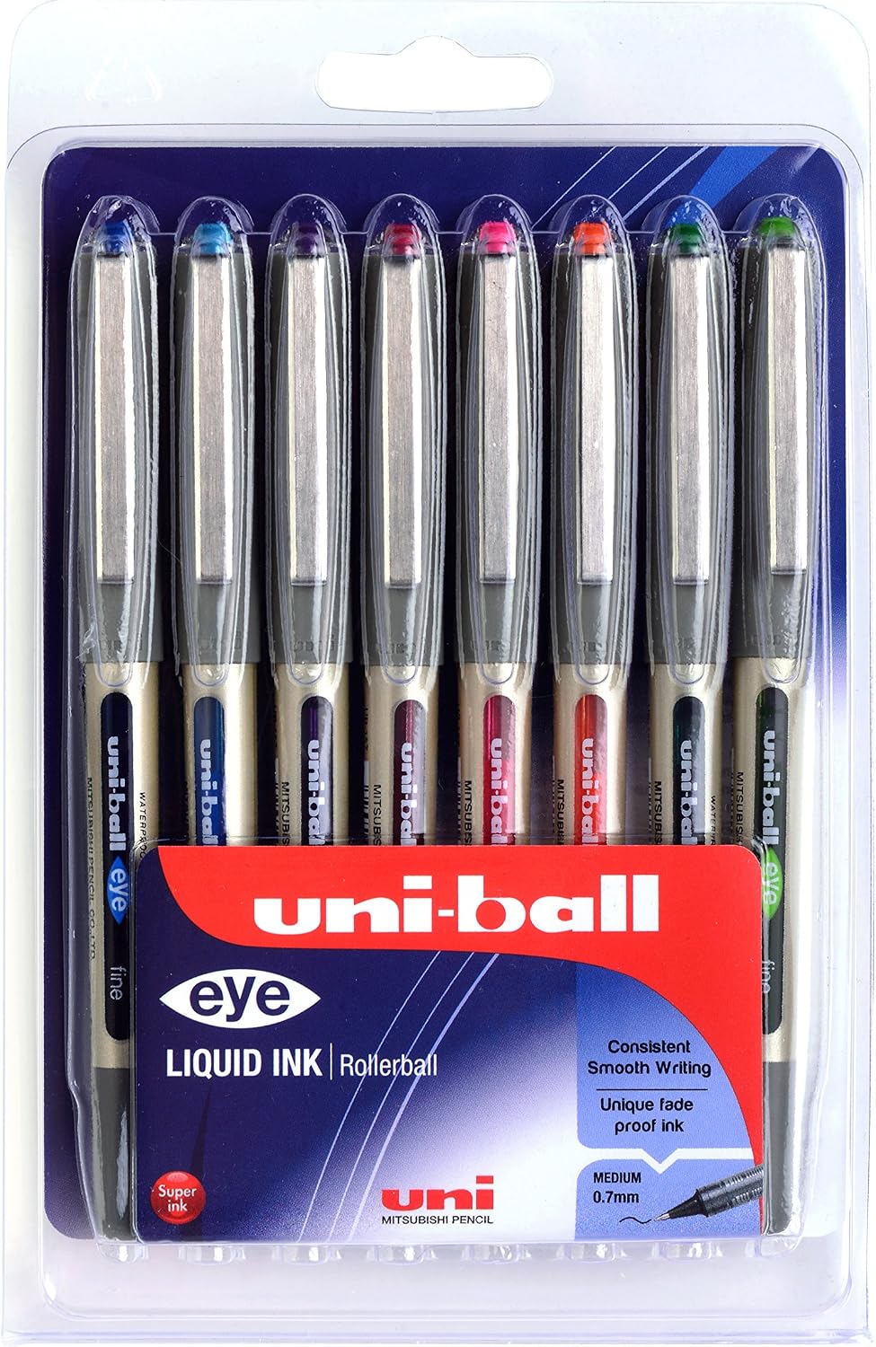 Uni-Ball Eye Fine Rollerball Pens, 8 Pack Colours