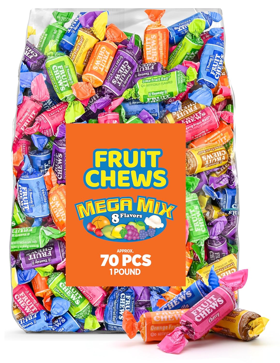 Fruit Chews Mega Mix – 8 Flavors Taffy Candy, Assorted Fruit Candy, Individually Wrapped – 1 LB Bulk Bag (Approx. 70 Pieces) – Gluten Free, Kosher, Fruity Party Candy for Birthdays, Gift Bags & Events