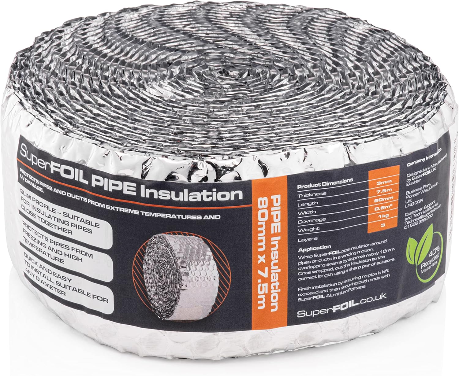 SuperFOIL Pipe Insulation 80mm x 7.5m - Pipe and Duct Lagging Foil Wrap