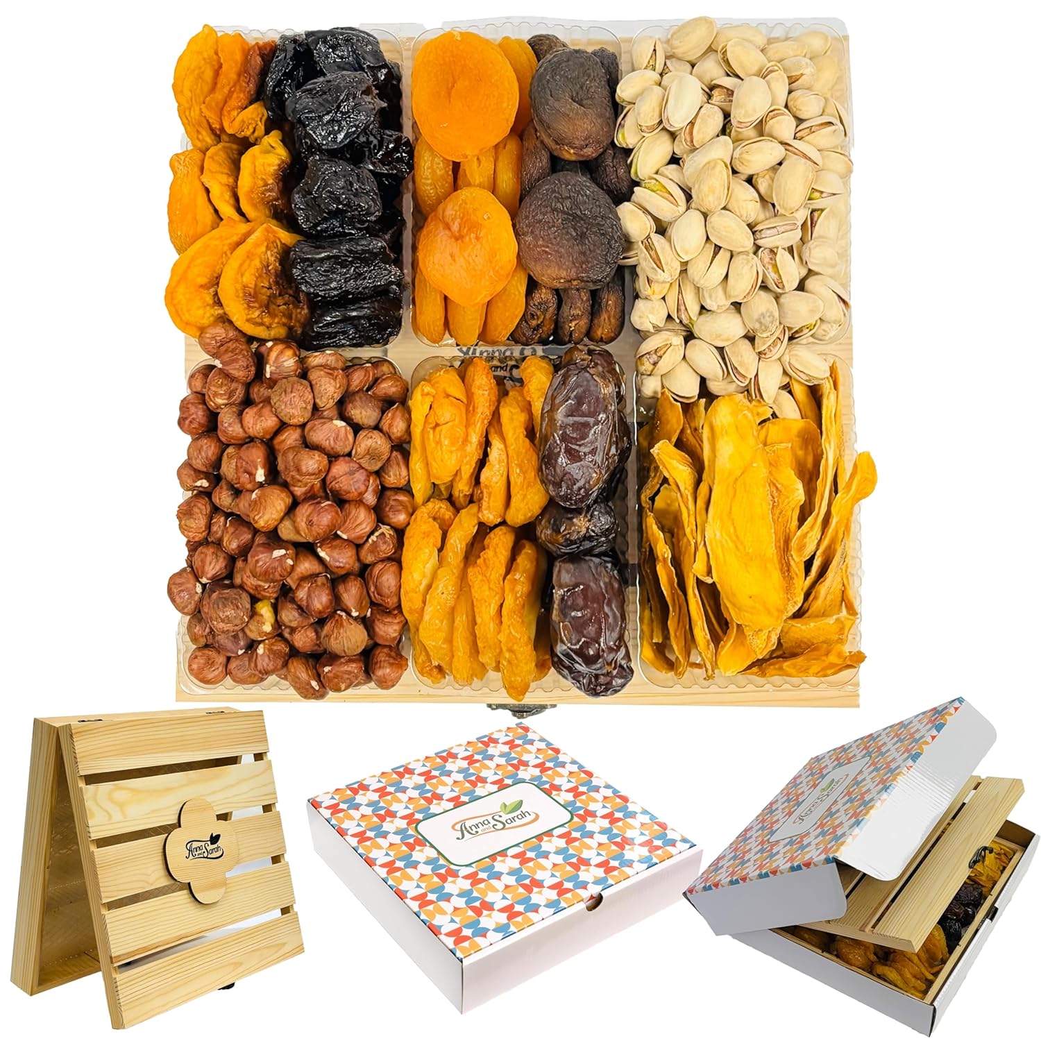 Anna and Sarah Gourmet Dried Fruit & Nuts in Wooden Gift Box Includes Strip Mango-Fancy Dates-Pear-Peach- Apricot-Dried Prune-Apricot-Oregon Hazelnut and California Pistachios Kosher-Halal For Christmas-Holiday for Mom-Dad-Boy-Girl Everyone