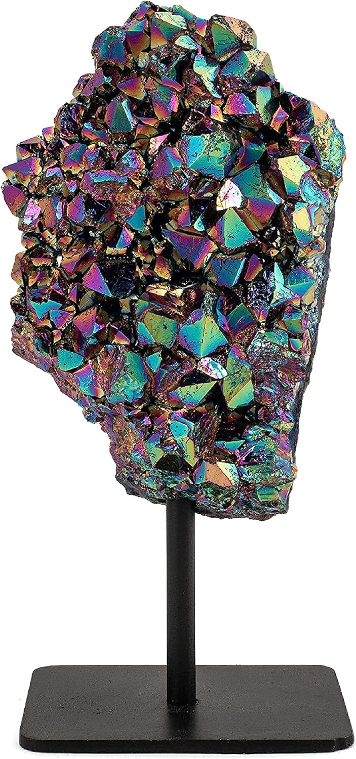 KALIFANO Large Angel Aura Quartz Geode on Stand - Titanium Bonded High Energy Crystal Amethyst - Natural Reiki Rainbow Cuarzo Rock with Healing and Calming Effects (Family Owned and Operated)