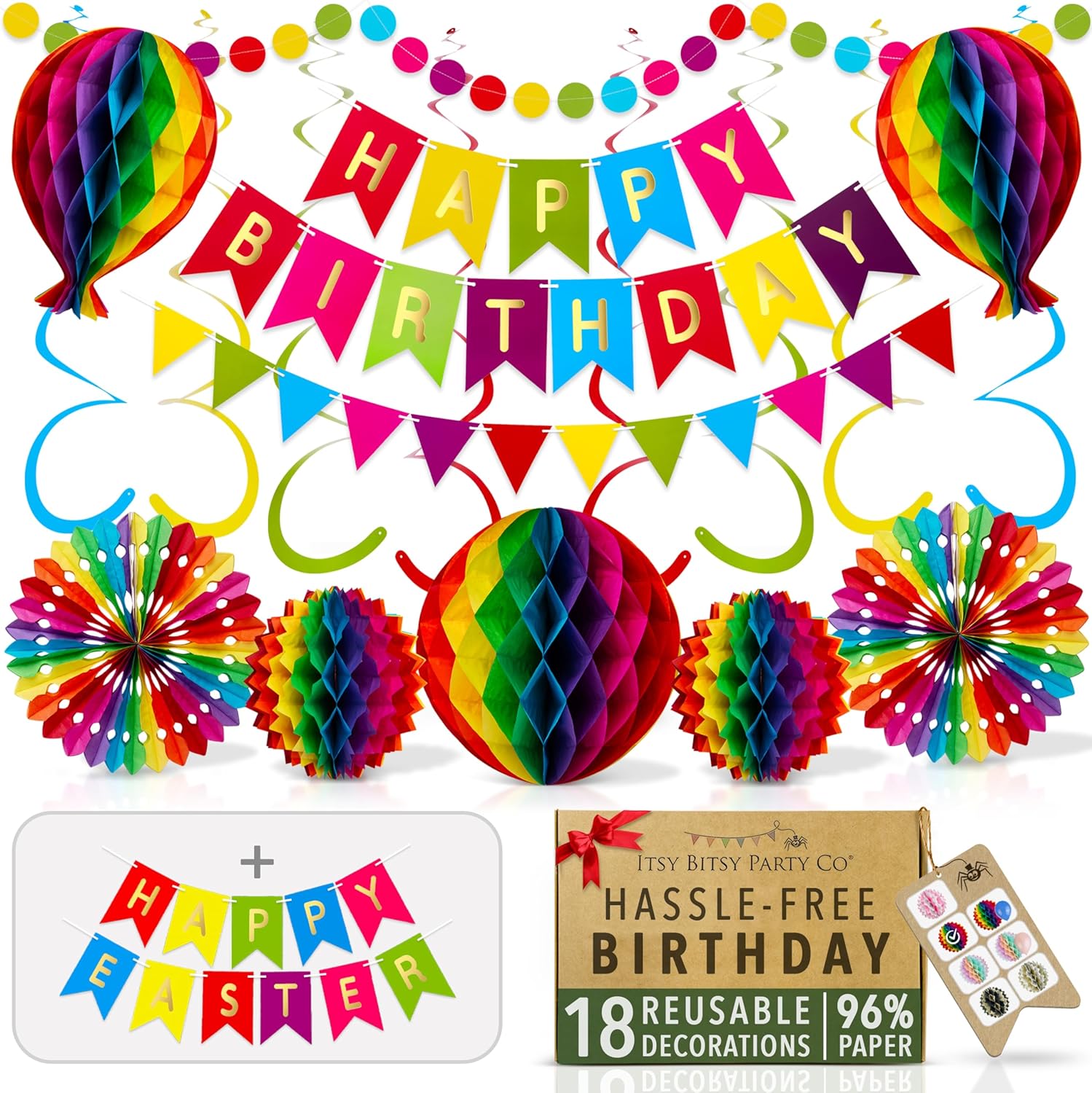 Premium Reusable Birthday Decoration Set - Happy Birthday Banner, Bunting, Honeycomb Decorations, Streamers (Colourful Paper Rainbow Party Decorations)