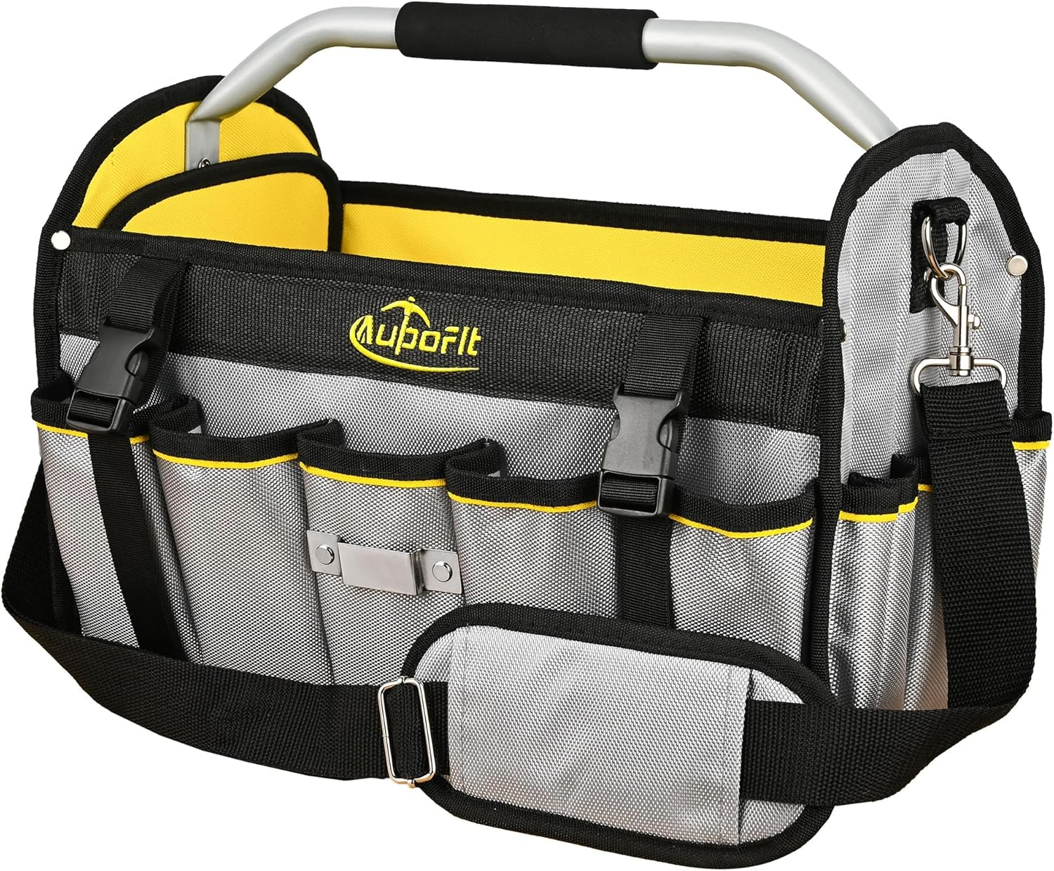 16 Inch Tool Bag, Foldable Open Top Tool Bag Organizer for Easy Tool Access, Water-Resistant Construction, Electrician Tool Bag with Handle & Padded Adjustable Strap, Gray/Yellow