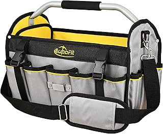 16 Inch Tool Bag, Foldable Open Top Tool Bag Organizer for Easy Tool Access, Water-Resistant Construction, Electrician Tool Bag with Handle & Padded Adjustable Strap, Gray/Yellow
