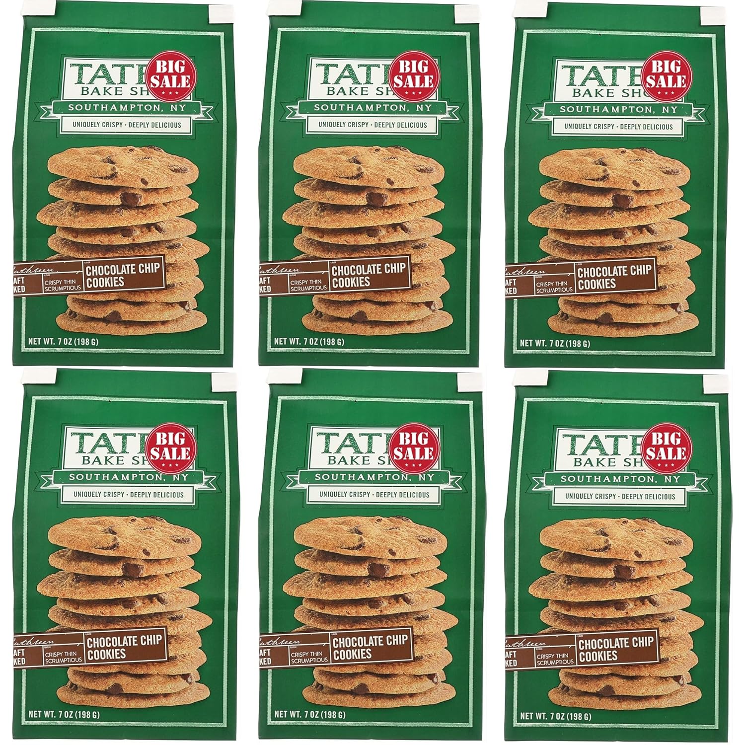 Tate.Ba.ke.Shop - Chocolate Chip Cookies 6 Pack, 7 oz Bags - Thin Crispy Treats with Rich Chocolate and Buttery Flavor for Snacks, Desserts, or Timeless Enjoyment