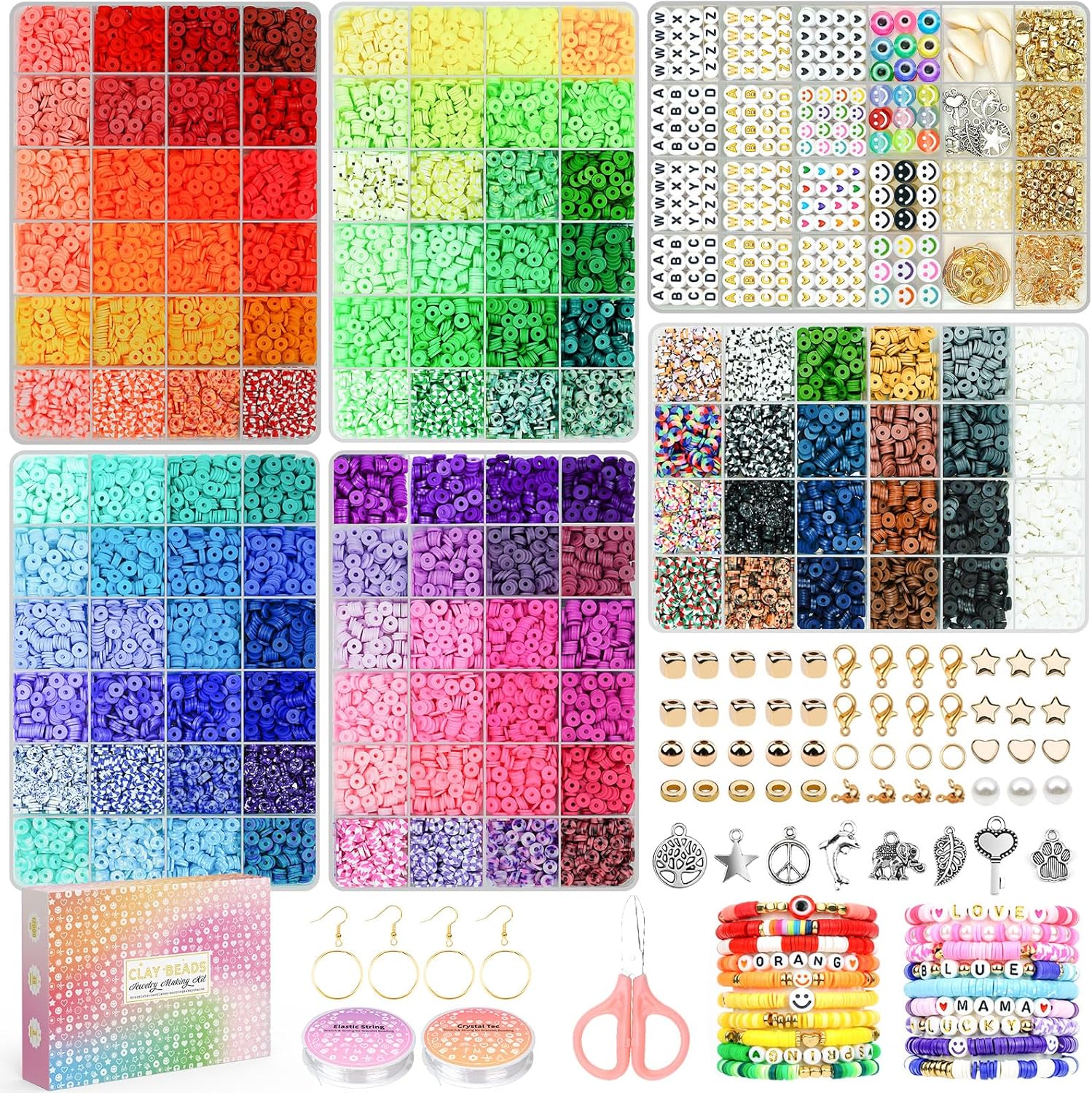 20,000 Pcs Clay Beads Bracelet Making Kit, 120 Colors 6 Boxes Polymer Beads Spacer Heishi Beads & Jewelry Kit with Pendant Charms Elastic Strings, Crafts Gift for Kids Adults