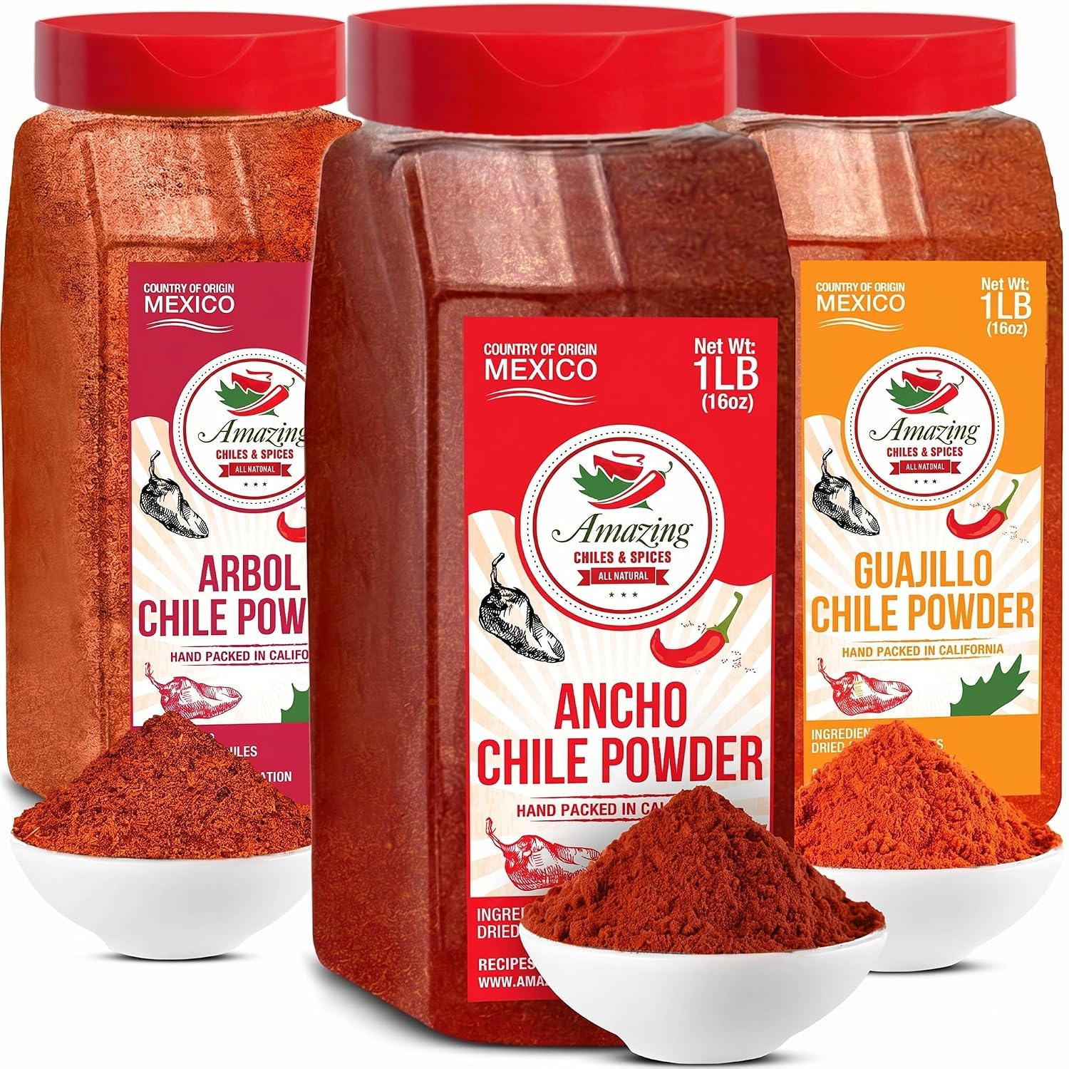 Chile Powder Variety Pack 16oz ea. Ancho Guajillo Arbol Ground Chili Pepper