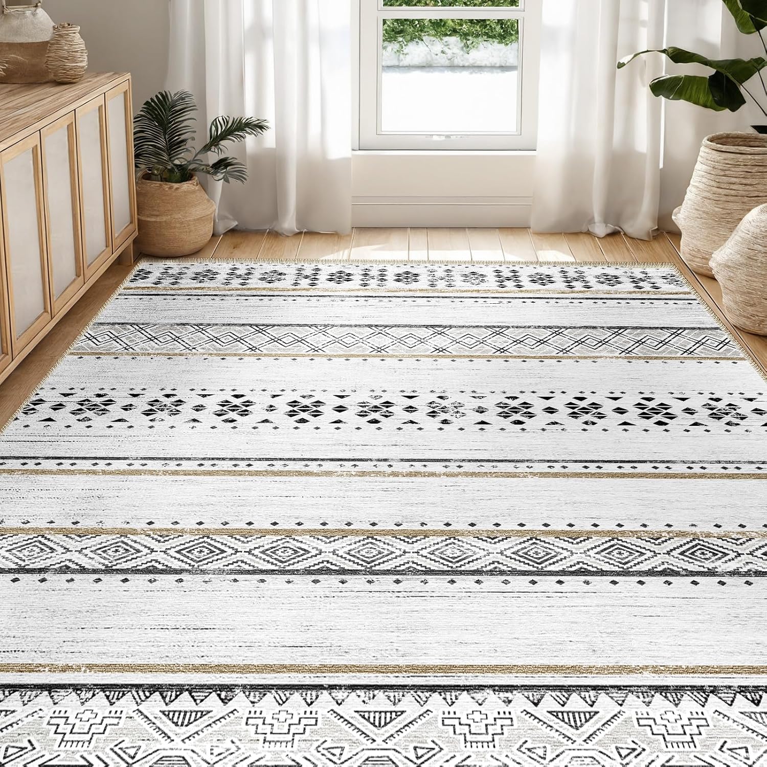 BESTSWEETIE 5x7 Area Rug for Living Room Washable Rug Moroccan Farmhouse Neutral Geometric Low Pile Water Repellent Non-Slip Soft Rug for Dining Room Bedroom Black/Brown/Navy