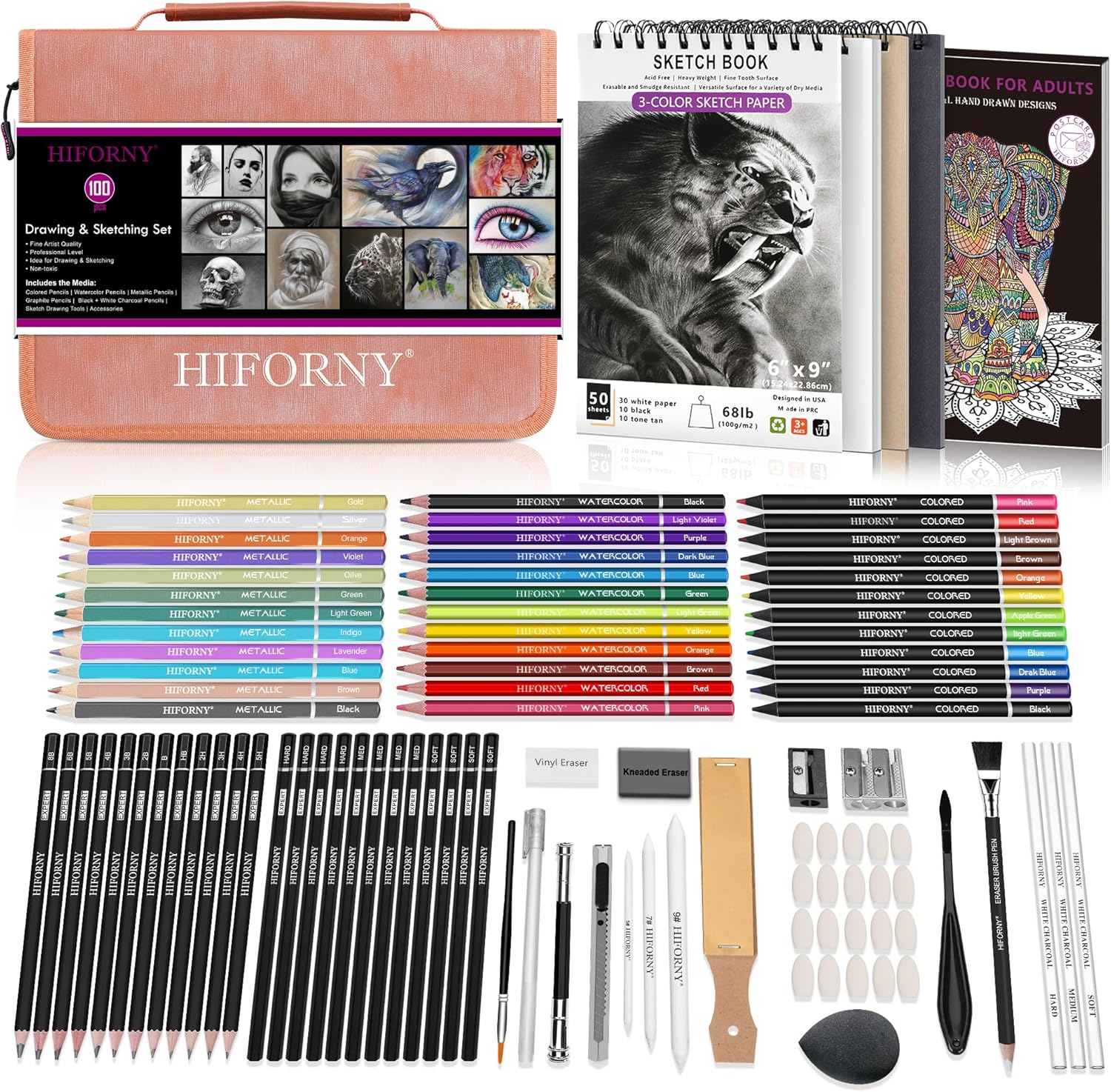 HIFORNY 100 PCS Drawing & Sketching Set, Professional Art Supplies with Graphite,Charcoal, Colored,Watercolor,Metallic Pencils,Blending Tools,Sketchbook and Coloring Book in Zipper Case (Pink)