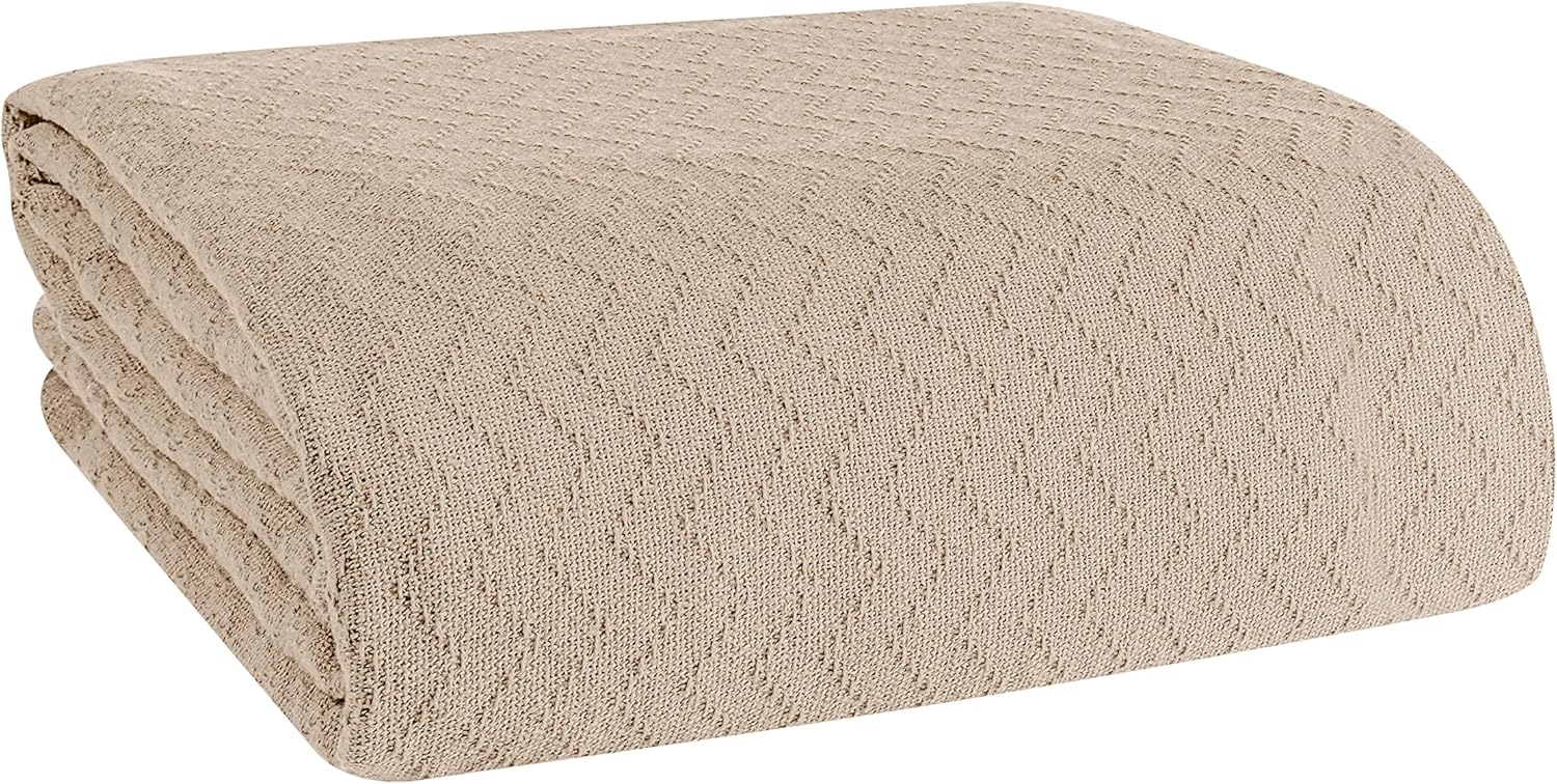 BELIZZI Home 100% Cotton Bed Blanket, Breathable Thermal Blanket Twin Size, Soft Chevron Thermal Blanket 60"x90", Cotton Bed Blanket, Perfect for Layering Any Bed for All Season, Beige