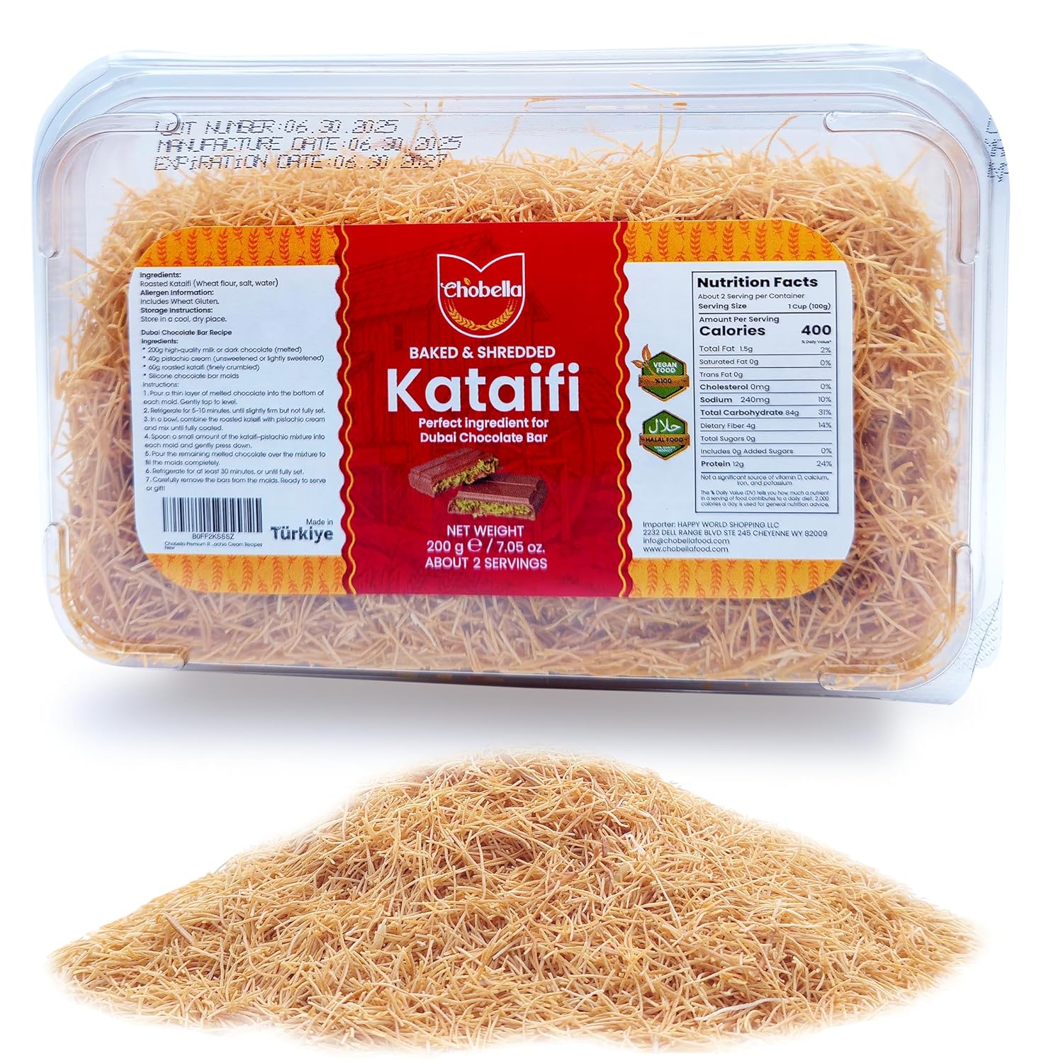 Chobella Premium Roasted Kataifi Pastry for Dubai Pistachio Chocolate Bar, 7 oz (200g), Toasted Kataifi Shredded Fillo Dough, Kadayif, Katafi, Katifi, Kunafa, Knafeh, Pistachio Cream Recipes