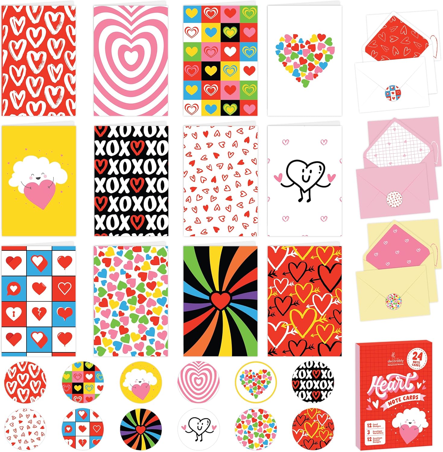 Decorably 24 Pack 4x6in Heart Note Cards with Envelopes and Stickers, 12 Charming Designs Blank Heart Cards with Envelopes- Valentine's Day, Mother's Day, Anniversary, Birthday