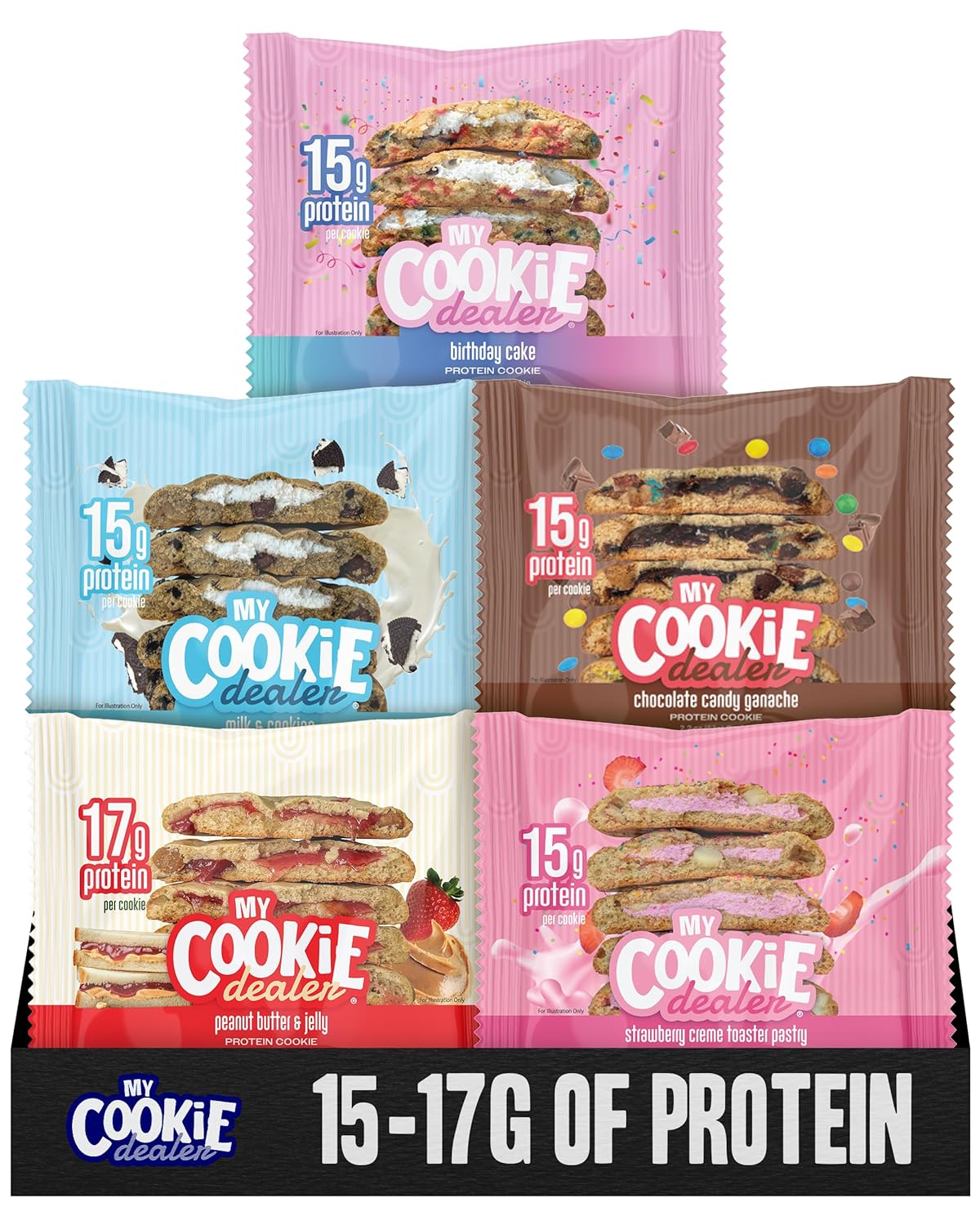 My Cookie Dealer Protein Cookies, Variety Pack (5-Pack, 2.2oz Each) - 15-17g of Protein per Cookie - Individually Wrapped Travel Snacks