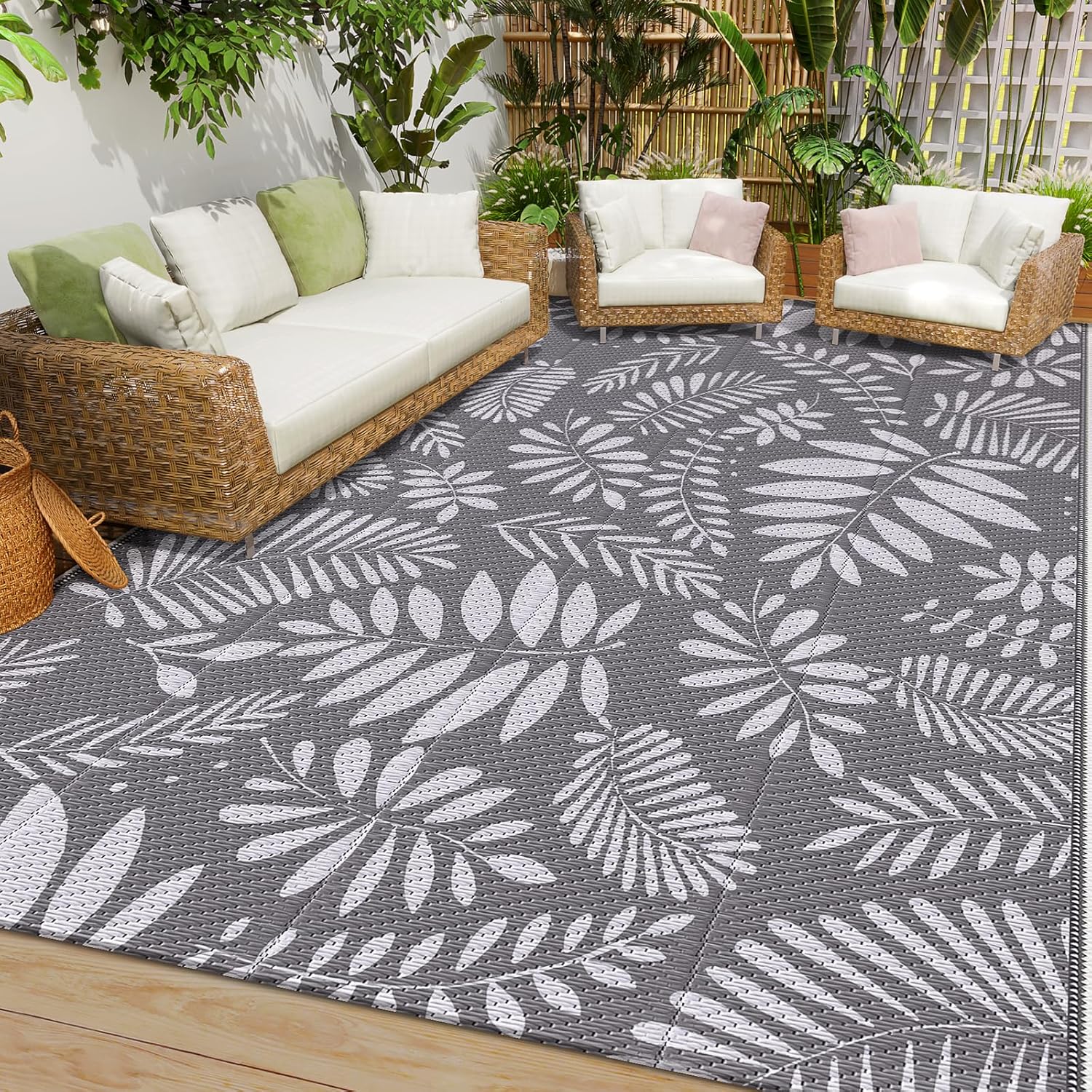 StepRite Outdoor Rug, Patio Rug, Plastic Straw Camping Rugs, Large Waterproof Area Rug and Mat for Outdoors, RV, Patio, Backyard, Deck, Porch, Beach, Balcony, (6'x 9', White&Gray)