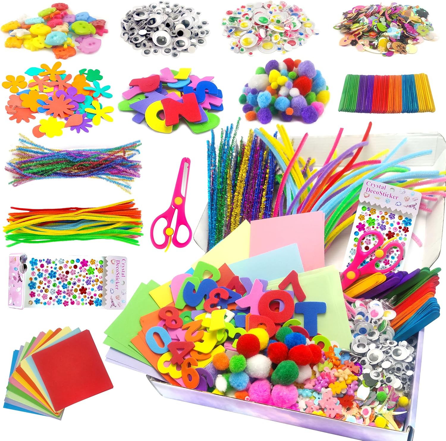 2000+ Pcs Craft Supplies for Kids Ages 4-8, Toddler Box Includes Pipe Cleaners, Pom Poms, Buttons - All in One Supplies for Ages 4 5 6 7 8